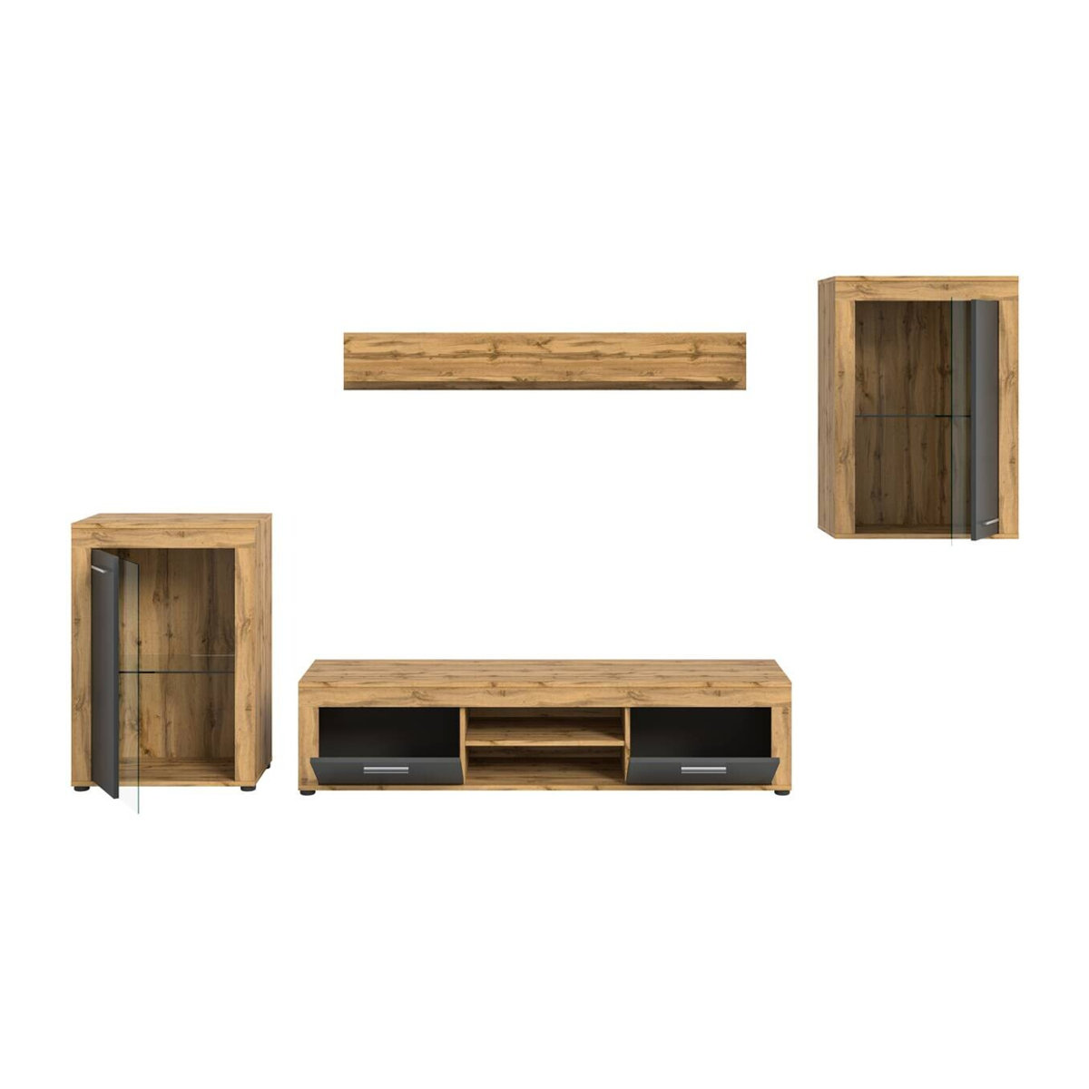 Modernes TV-Schrank Wohnwand Jam von xonox.home in Eiche Wotan Nachbildung Grau mit Glas, B/H/T: 310 x 169 x 35 cm - Bild 4