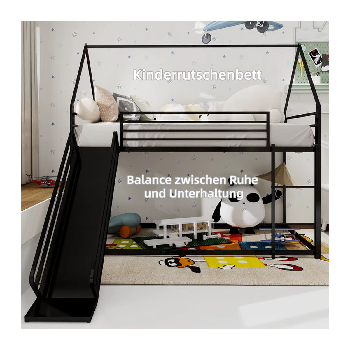 Modernes Twin über Twin Etagenbett in Hausform mit Rutsche und Leiter aus Metall, Schwarz - Bild 2