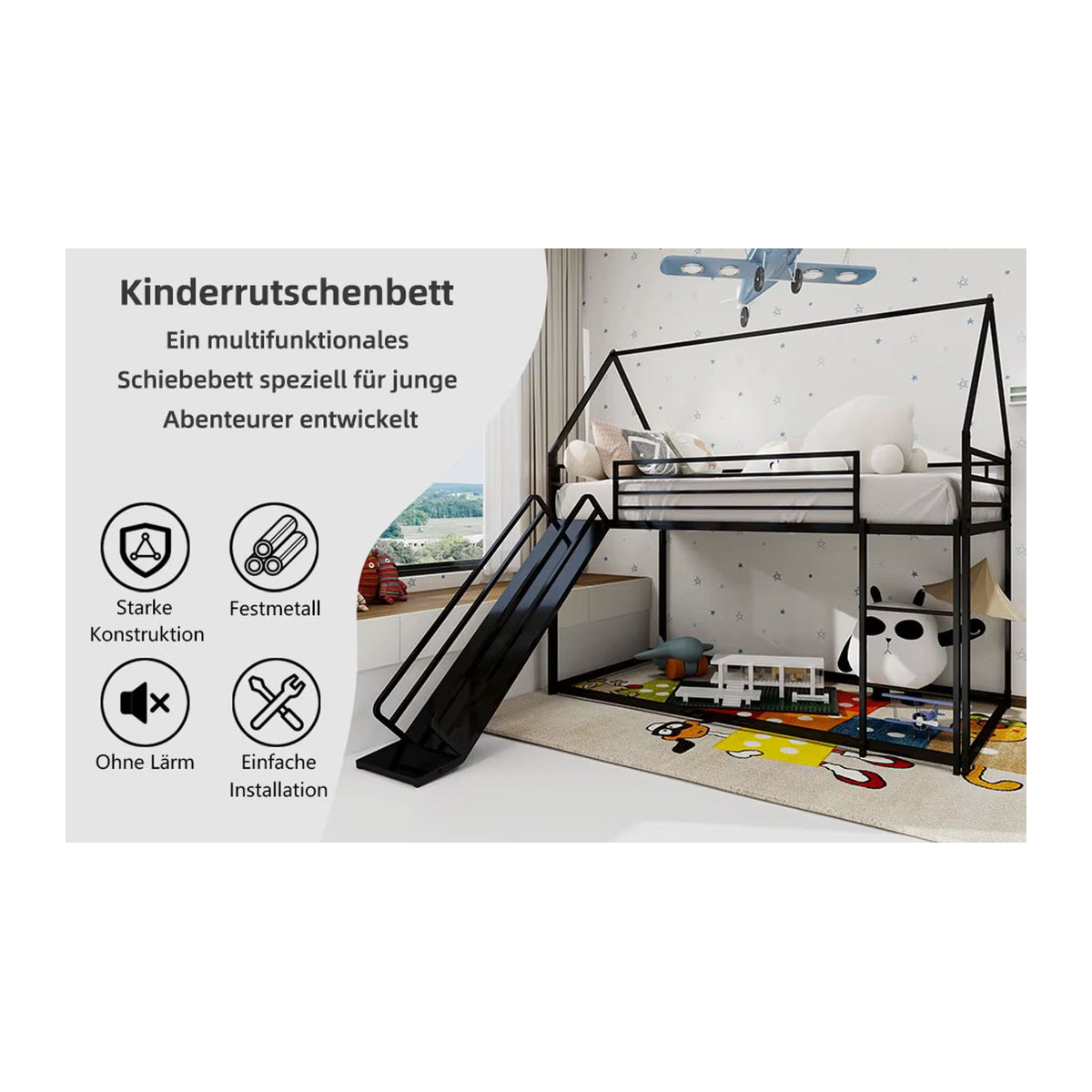 Modernes Twin über Twin Etagenbett in Hausform mit Rutsche und Leiter aus Metall, Schwarz - Bild 6