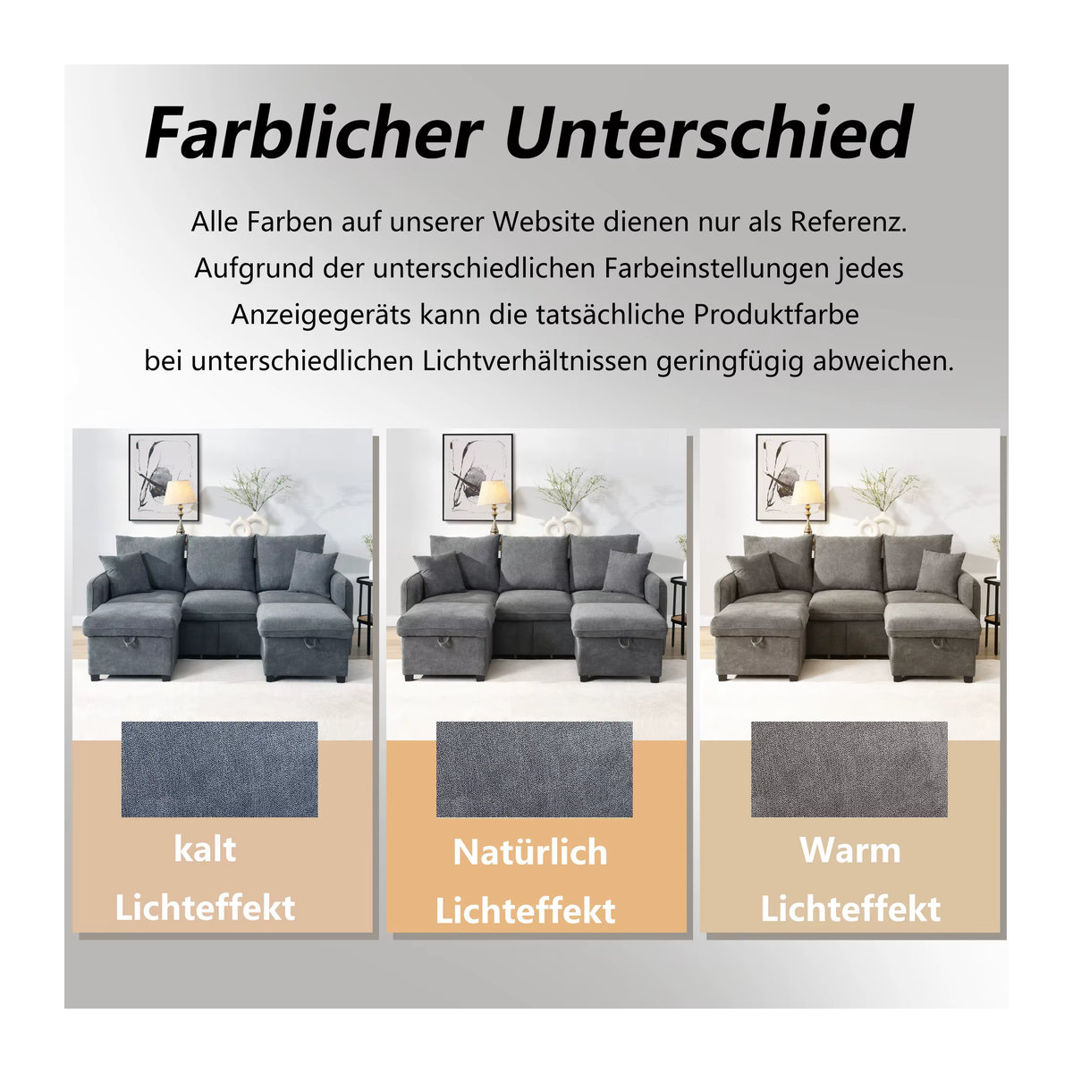 Modernes U-förmiges 3-Sitzer Sofa mit Schlaffunktion und Stauraum in Grau aus Chenille - Bild 1