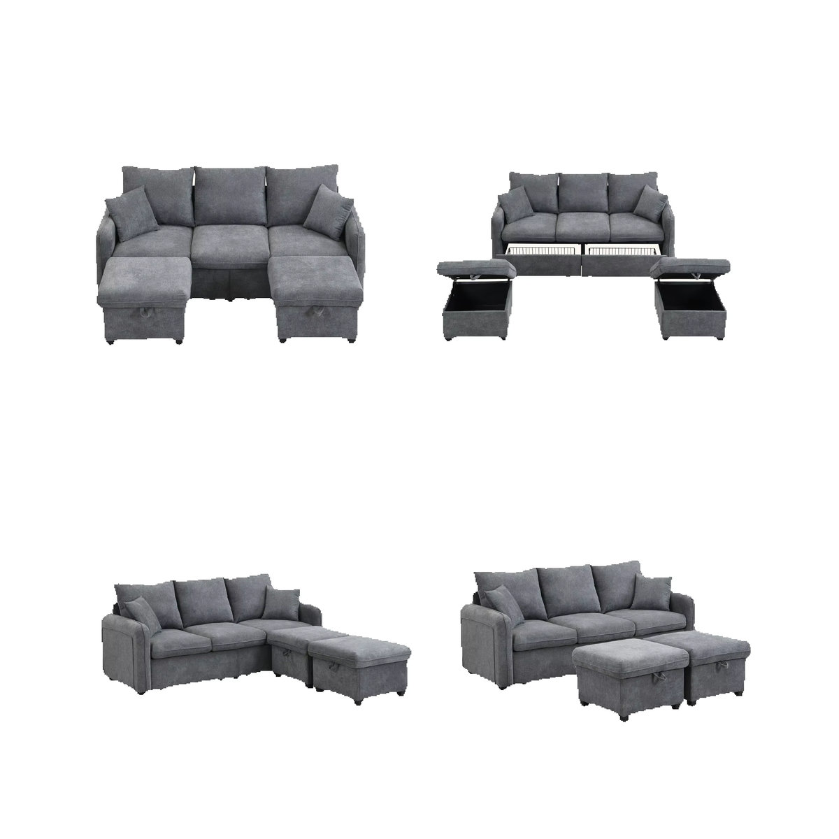 Modernes U-förmiges 3-Sitzer Sofa mit Schlaffunktion und Stauraum in Grau aus Chenille - Bild 2