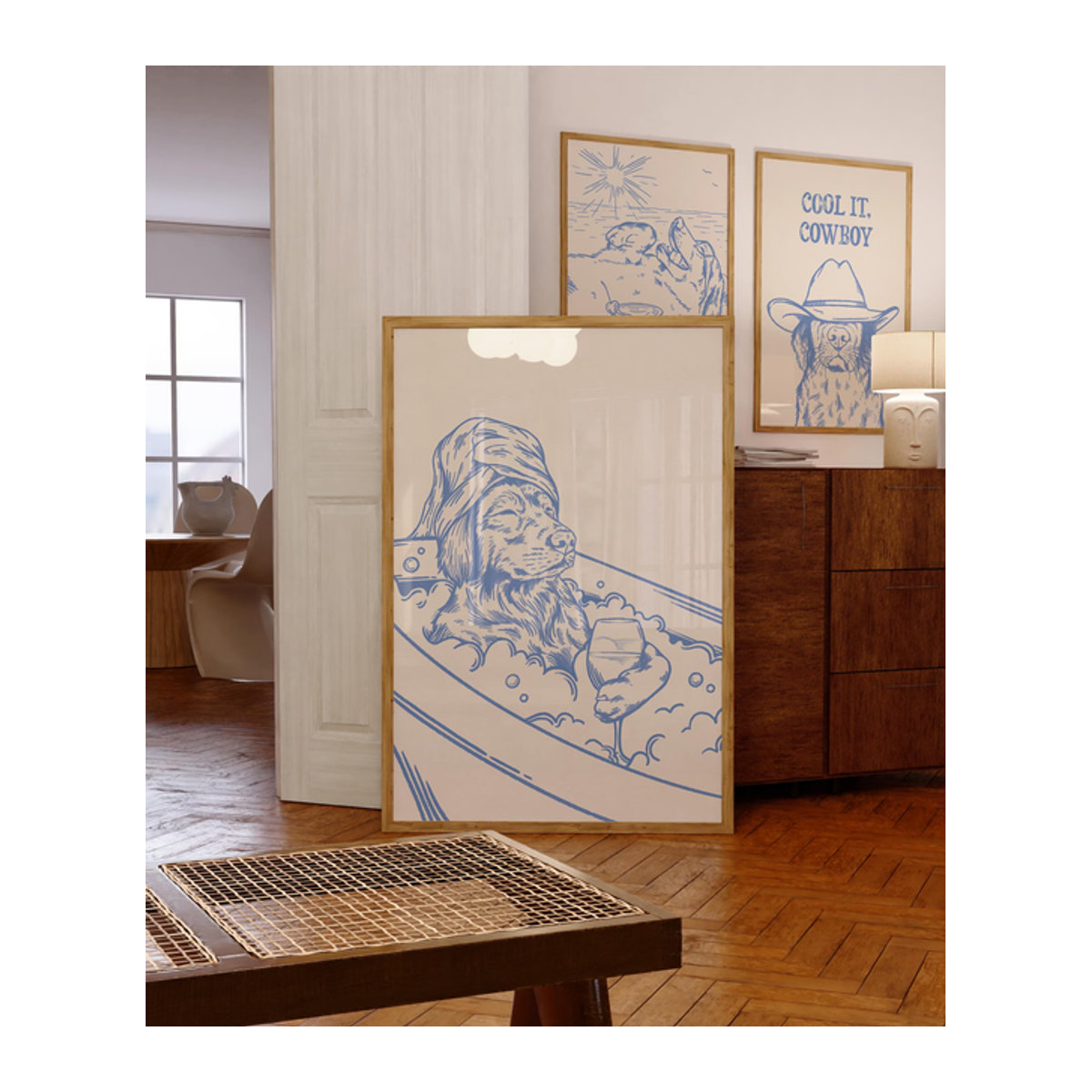 Modernes Wandbild Hund mit Wein von SHENCHEN in Blau als ästhetische Wandkunst für dein Zuhause - Bild 1