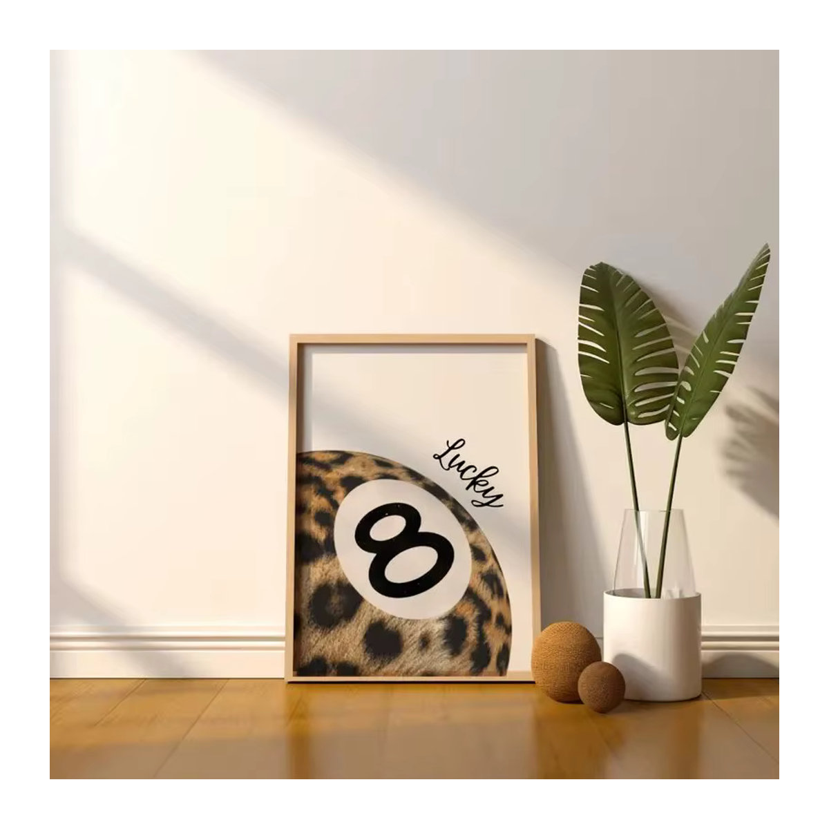 Modernes Wandbild mit Leopardenmuster und 8-Kugel-Motiv als abstrakte Leinwandmalerei im Y2K-Stil, mehrfarbig, Hochformat - Bild 2