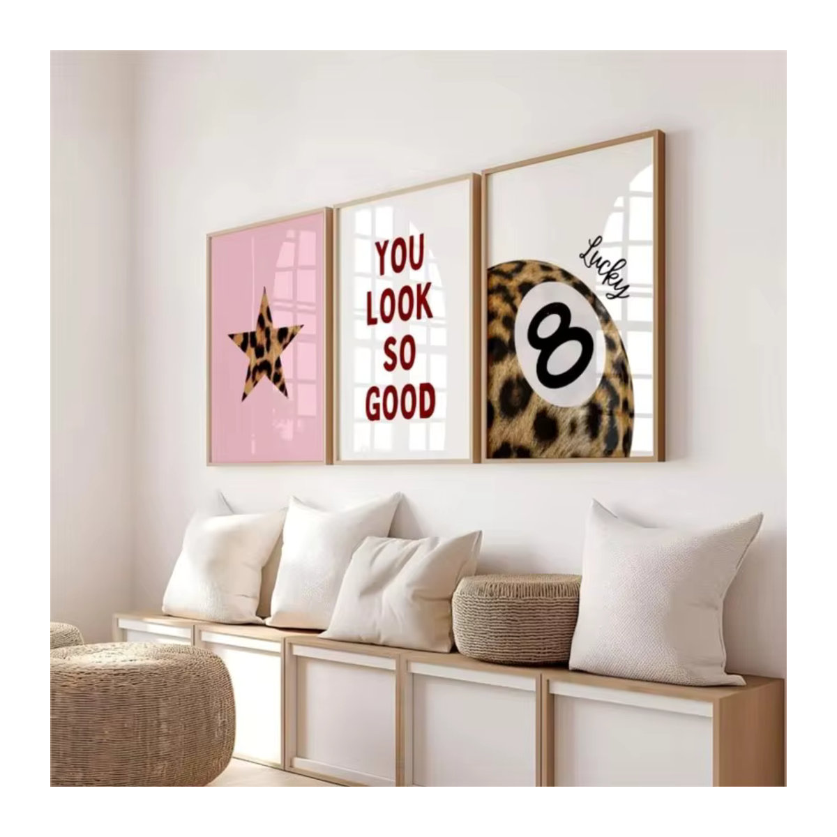 Modernes Wandbild mit Leopardenmuster und 8-Kugel-Motiv als abstrakte Leinwandmalerei im Y2K-Stil, mehrfarbig, Hochformat - Bild 3