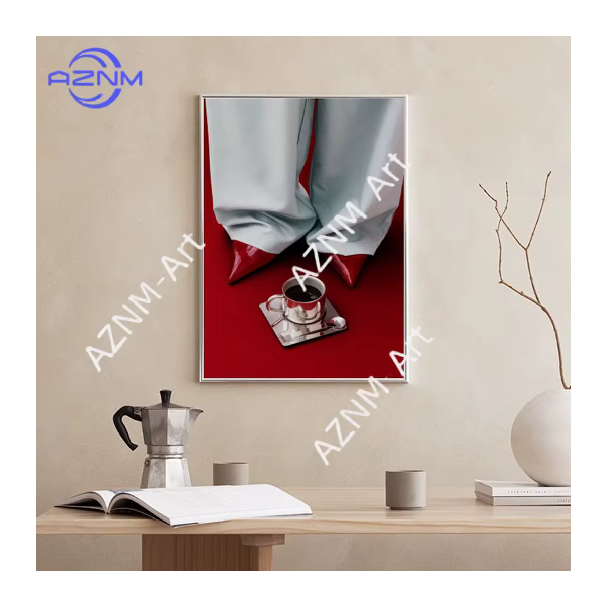 Modernes Wandbild von KAYOU mit roten High Heels und Kirsch-Dekor als Leinwanddruck im Hochformat - Bild 1