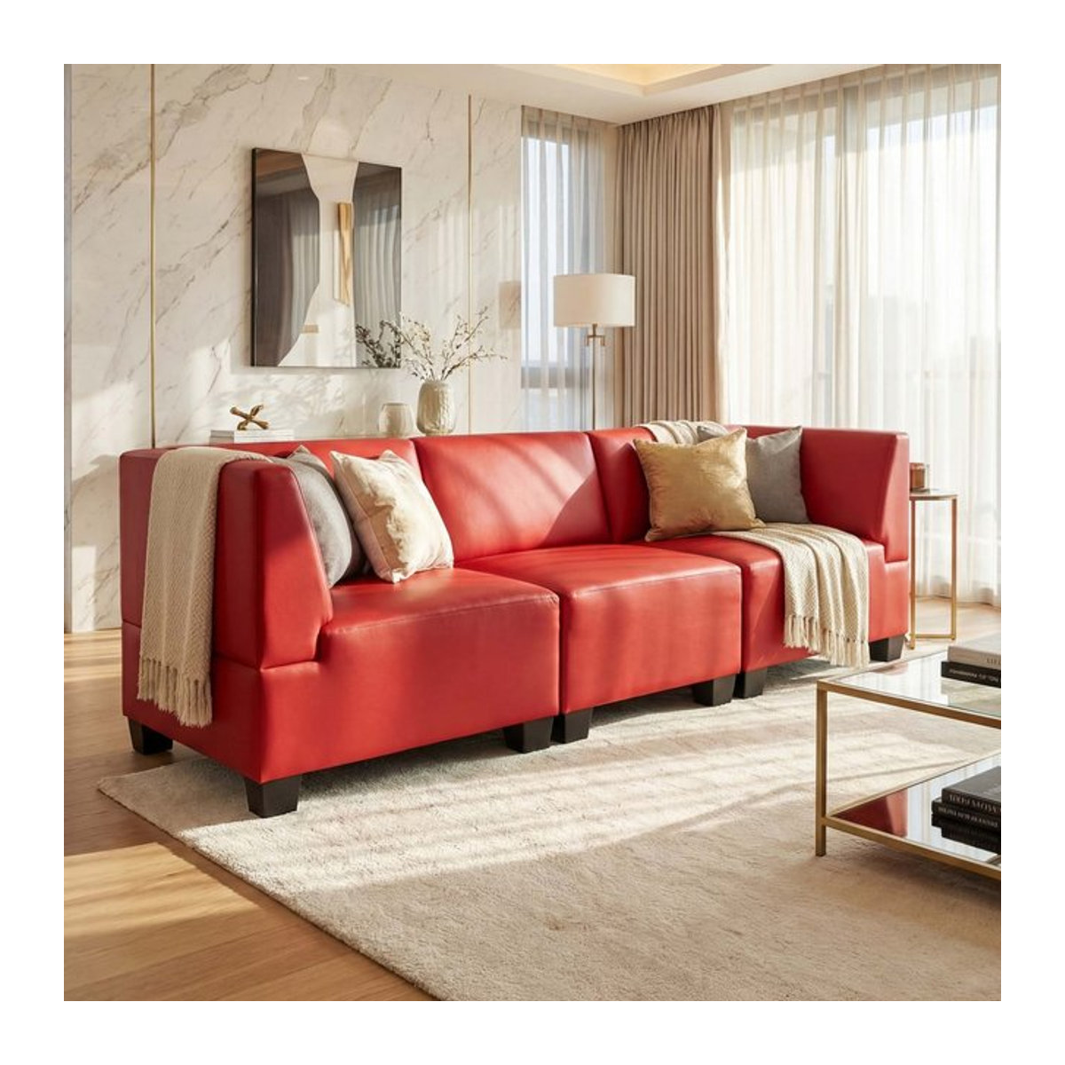 Modularer 3-Sitzer Sofa Moncalieri von MCW in Rot aus Kunstleder mit hohen Armlehnen - Bild 1