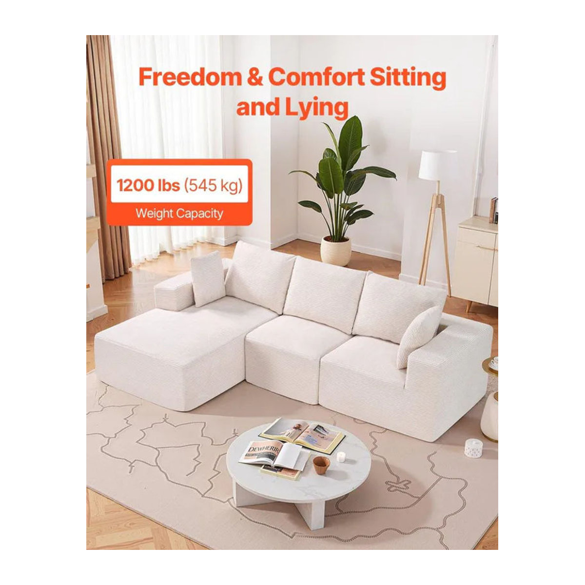 Modulares Ecksofa L-Form Wolkensofa von Buying Solutions, MB in Beige mit wendbarer Chaiselongue aus Cord und Kissen - Bild 4