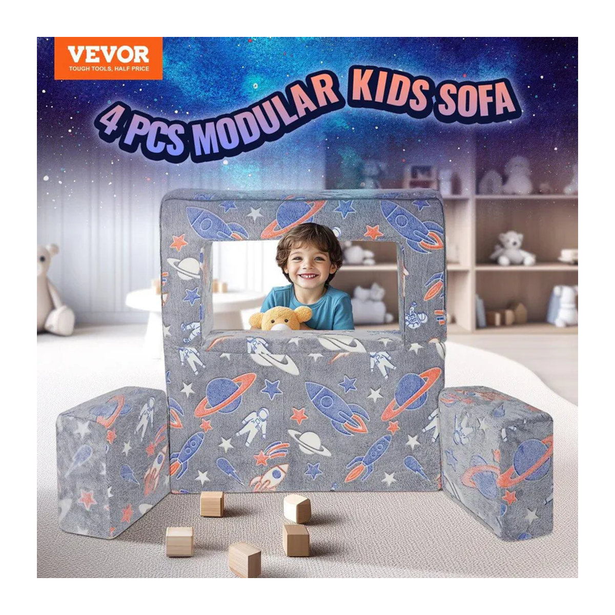 Modulares Kinderspielsofa aus Stoff von Buying Solutions MB, 4-teiliges DIY Set, Grau, Leuchtet im Dunkeln - Bild 4