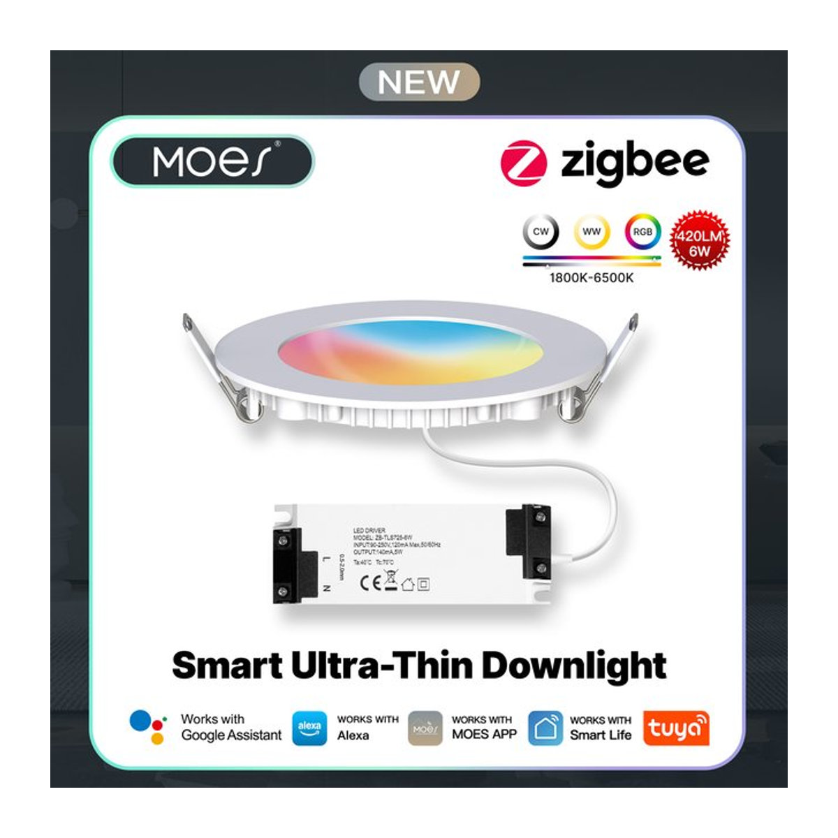 MOES Smart LED Einbaustrahler Ultradünn 6W ZigBee RGB-Farbwechsel mit warmweißem bis kühlem weißem Licht kompatibel mit Alexa, Tuya und Google Home - Bild 1