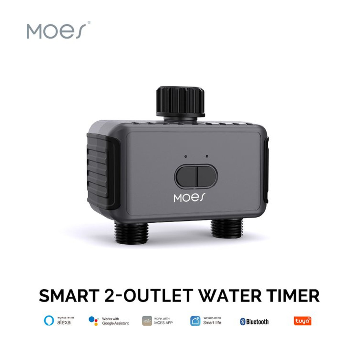MOES Tuya Bluetooth Smart Sprinkler Ventil Controller mit 2 Ausgängen, App-Steuerung und programmierbarem Wasser Timer in Schwarz - Bild 1