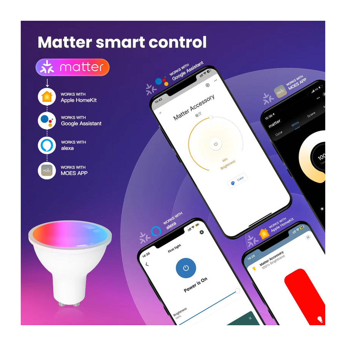 MOES Tuya Matter WiFi GU10 Smart Bulb Dimmbare LED-Smart-Lampe mit 16 Millionen RGB-Farben und Sprachsteuerung für Alexa und Google Home - Bild 1