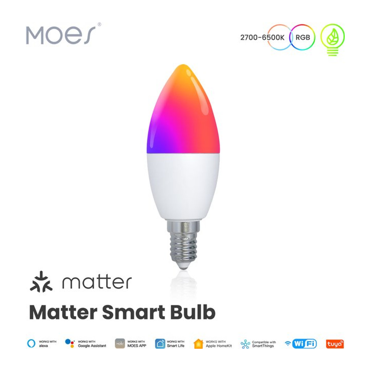 MOES Tuya Matter WiFi Smart Bulb E14 Dimmbare RGB LED-Kerzenlampe mit 16 Millionen Farben und Sprachsteuerung für Alexa und Google Home - Bild 1