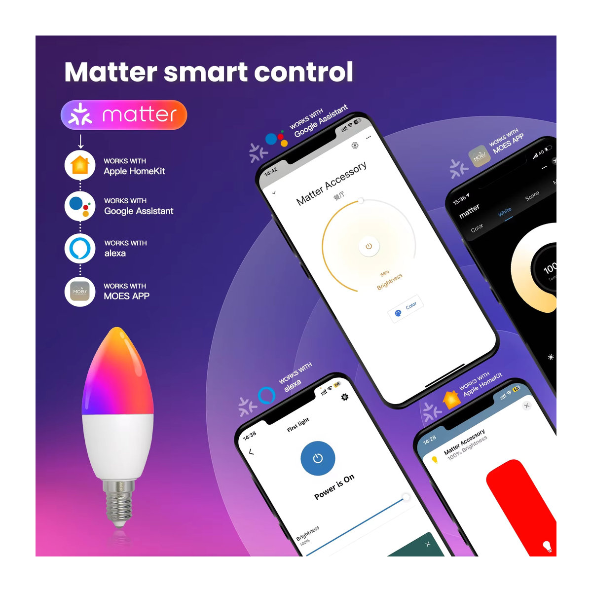 MOES Tuya Matter WiFi Smart Bulb E14 Dimmbare RGB LED-Kerzenlampe mit 16 Millionen Farben und Sprachsteuerung für Alexa und Google Home - Bild 2
