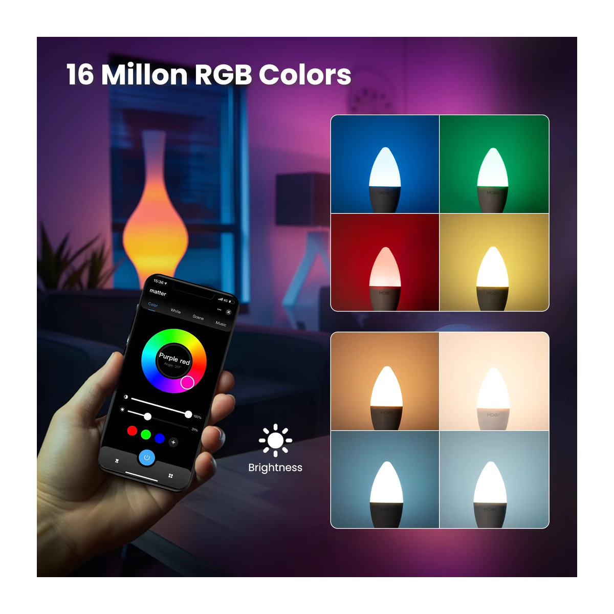 MOES Tuya Matter WiFi Smart Bulb E14 Dimmbare RGB LED-Kerzenlampe mit 16 Millionen Farben und Sprachsteuerung für Alexa und Google Home - Bild 3