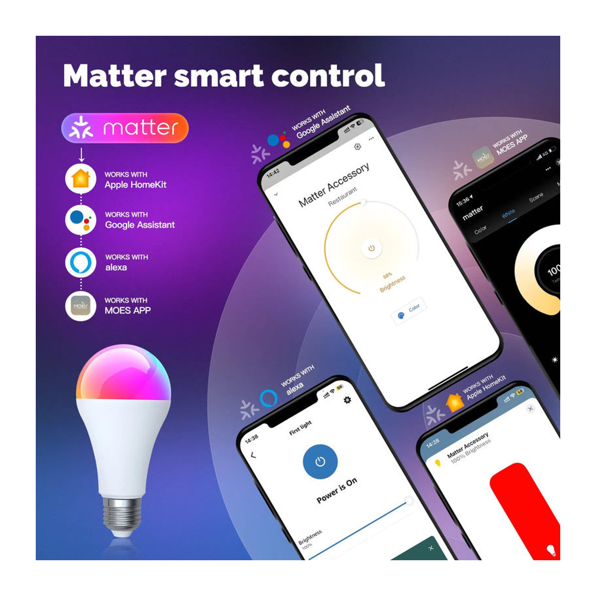 MOES Tuya Matter WIFI Smart LED-Glühbirne E27, 14 W, RGB, dimmbar, 2700 K–6500 K, intelligente App-Steuerung mit Alexa und Google Home - Bild 1