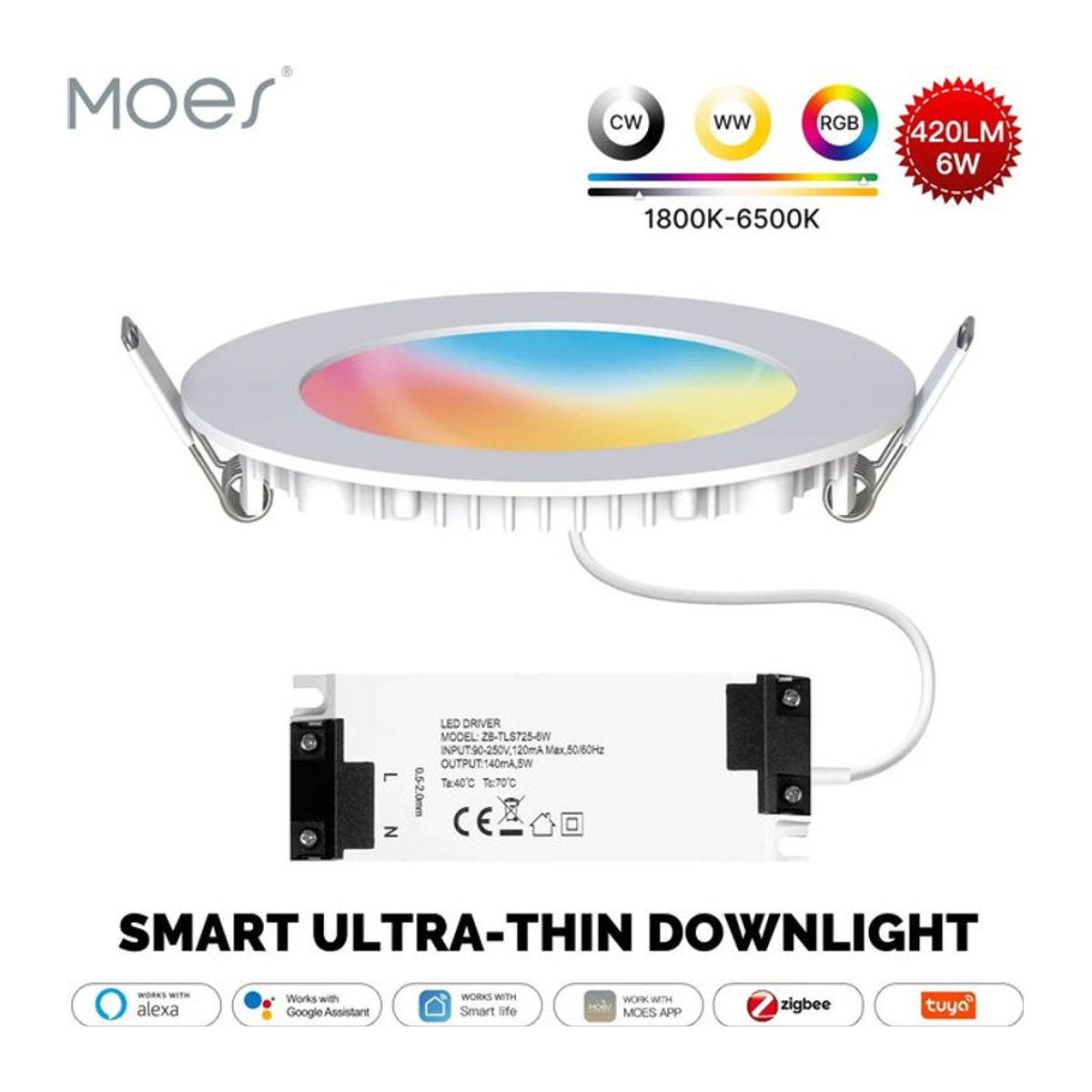 MOES ZigBee Smart LED Einbaustrahler 6W RGB mit Warmweiß und Kaltweiß, kompatibel mit Tuya, Alexa und Google Home - Bild 1