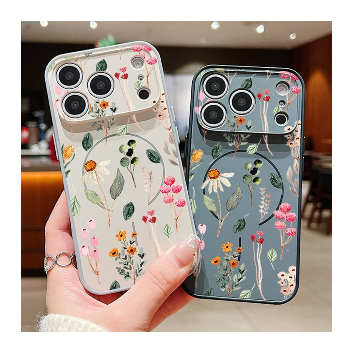 MOESOE Magnetische Handyhülle mit Blumenmuster für iPhone 17 16 15 14 13 Pro Max, Magsafe kompatibel, TPU und PC Hardcase, mehrfarbig schwarz - Bild 1