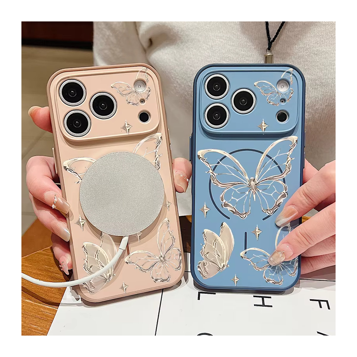 MOESOE Magnetische Handyhülle mit goldenem Schmetterlingsmuster für iPhone 17 Pro Max 16 15 14 13 Pro Max, Rosa/Mehrfarbig, Hard PC Cover mit MagSafe Wireless Charging Unterstützung - Bild 1
