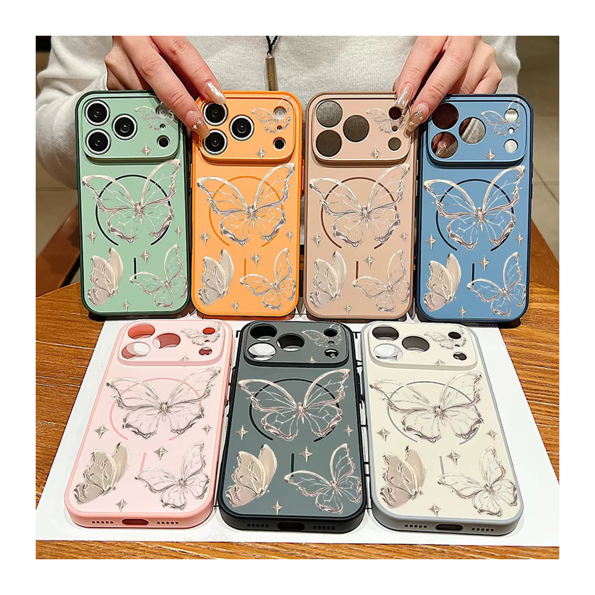 MOESOE Magnetische Handyhülle mit goldenem Schmetterlingsmuster für iPhone 17 Pro Max 16 15 14 13 Pro Max, Rosa/Mehrfarbig, Hard PC Cover mit MagSafe Wireless Charging Unterstützung - Bild 3