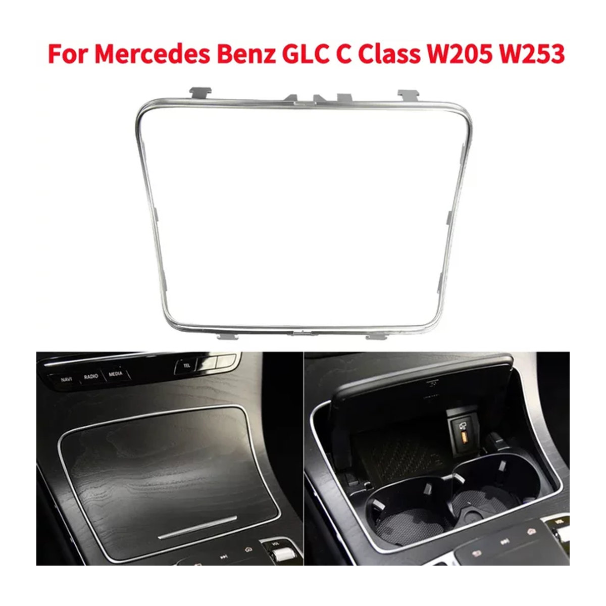 MOJOYCE Auto Mittelkonsole Zubehör Becherhalter und Aschenbecher Rahmen mit Chrom Streifen Trim in Silber für Mercedes Benz C Klasse W205 und GLC Klasse W253 - Bild 1