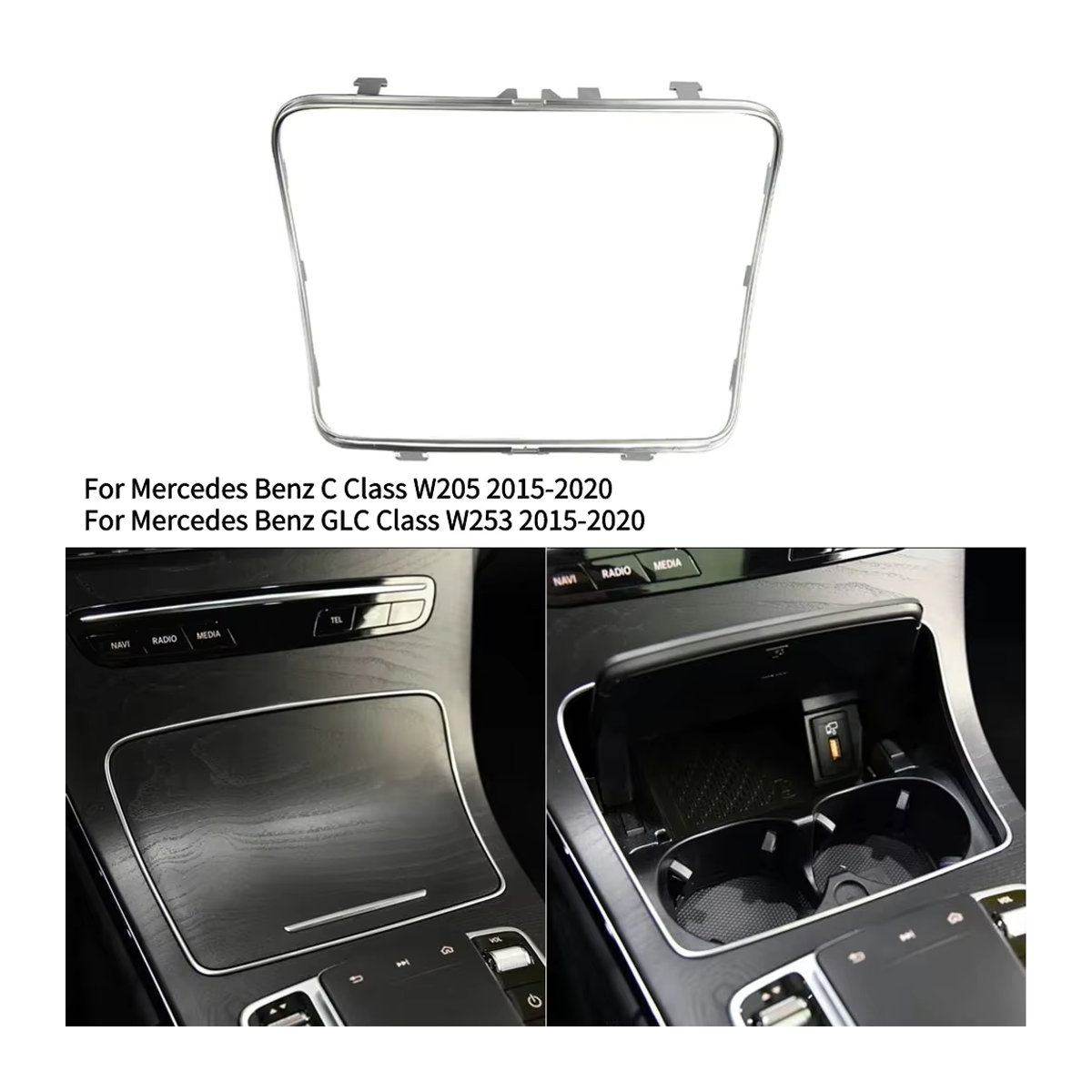 MOJOYCE Auto Mittelkonsole Zubehör Becherhalter und Aschenbecher Rahmen mit Chrom Streifen Trim in Silber für Mercedes Benz C Klasse W205 und GLC Klasse W253 - Bild 2