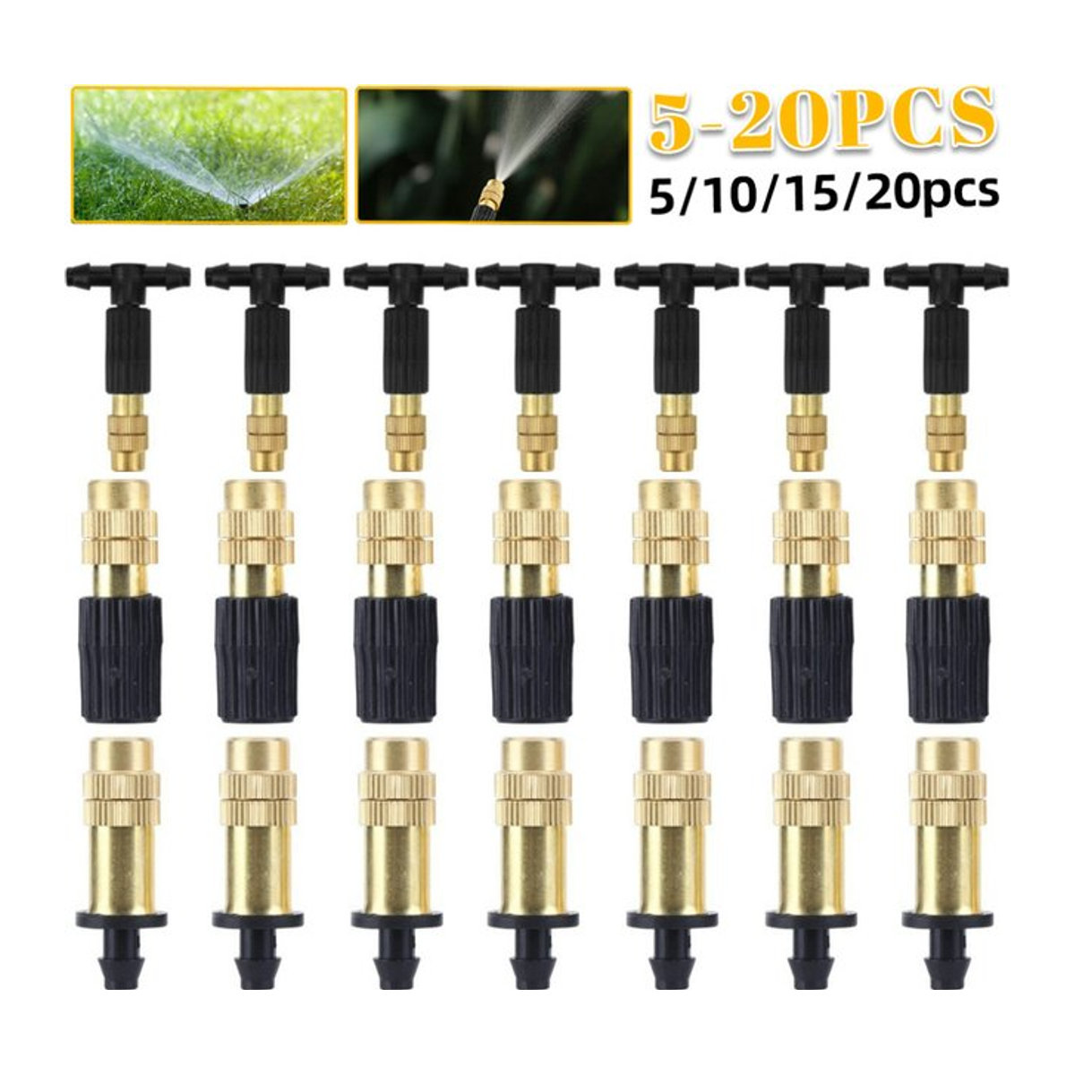MOJOYCE Messing Zerstäuber Düsen Set mit 4/7mm Schlauch für Gartenbewässerung und Gewächshaus, Gold, 10 bis 50 Stück - Bild 1