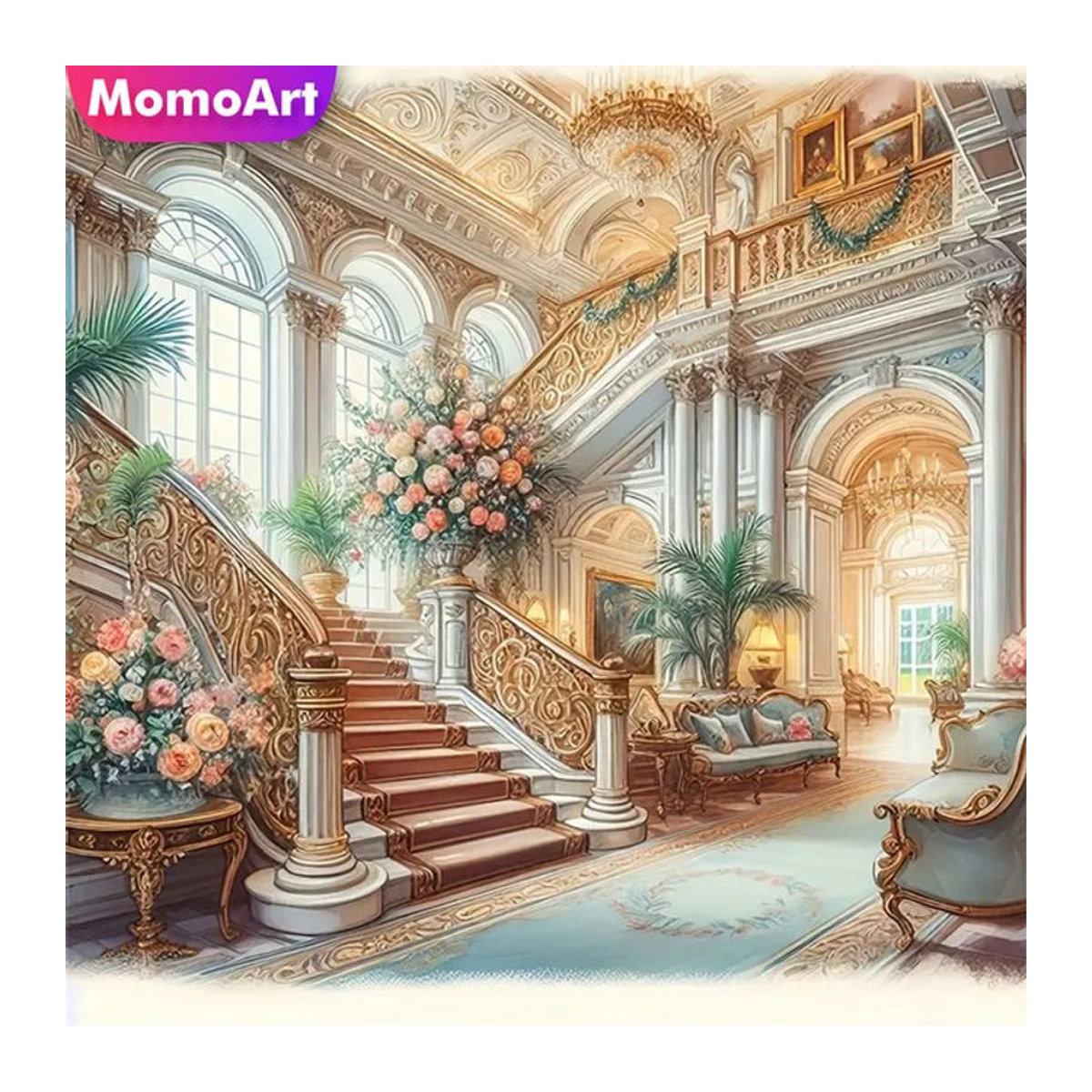 Momoart 5D Diamant-Mosaik Set Hauslandschaft mit Blumen und Treppen, Mehrfarbiges Diamant-Gemälde zum Selbermachen - Bild 1