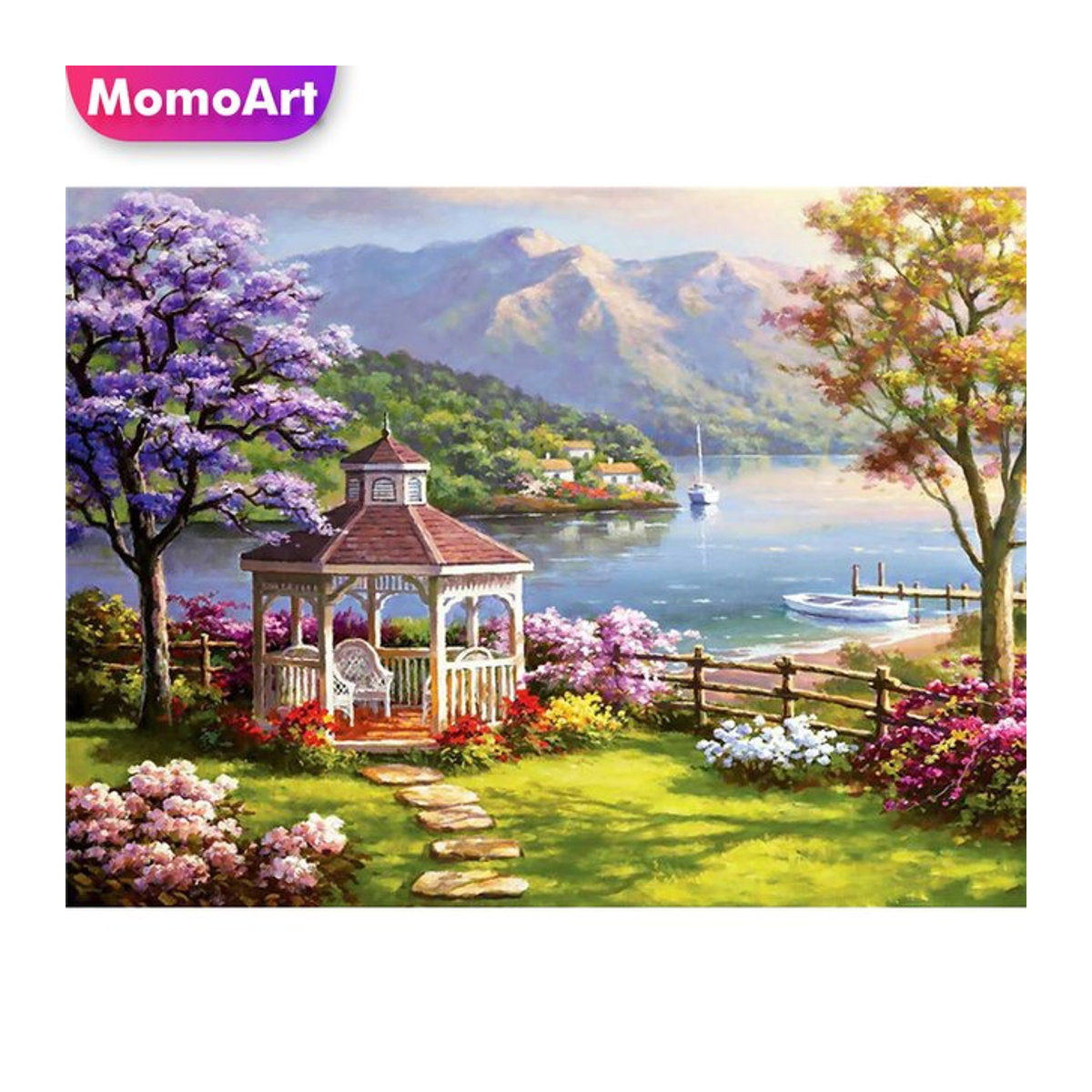 Momoart 5D Diamantgemälde Gartenlandschaft mit See und Bergen, rund, mehrfarbig - Bild 1