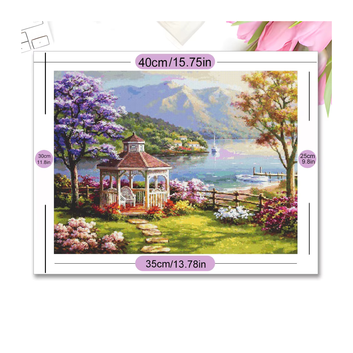 Momoart 5D Diamantgemälde Gartenlandschaft mit See und Bergen, rund, mehrfarbig - Bild 3
