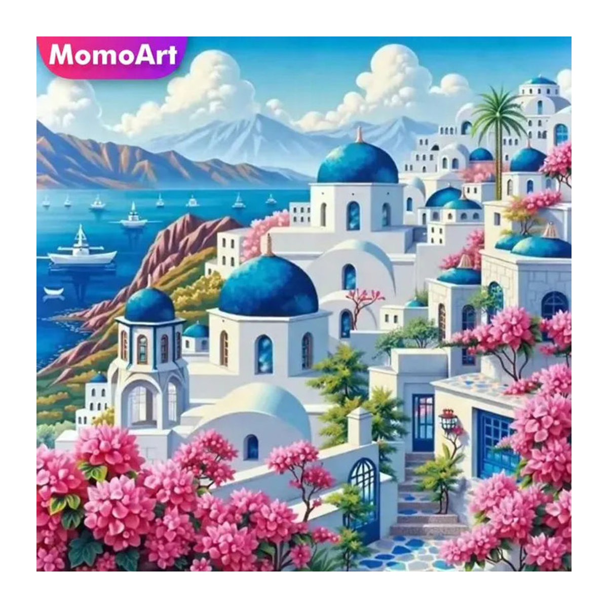 Momoart 5D DIY Diamant-Stickerei Ägäis-Landschaftsgemälde mit Blumen in Mehrfarbig für deine Wanddekoration - Bild 1