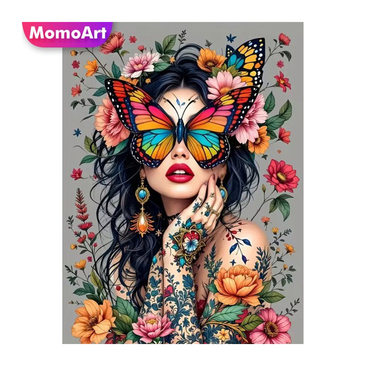 Momoart 5D DIY Diamant-Stickerei Frauenporträt mit Schmetterling und Blumen, Mehrfarbiges Mosaik-Set für Erwachsene - Bild 1