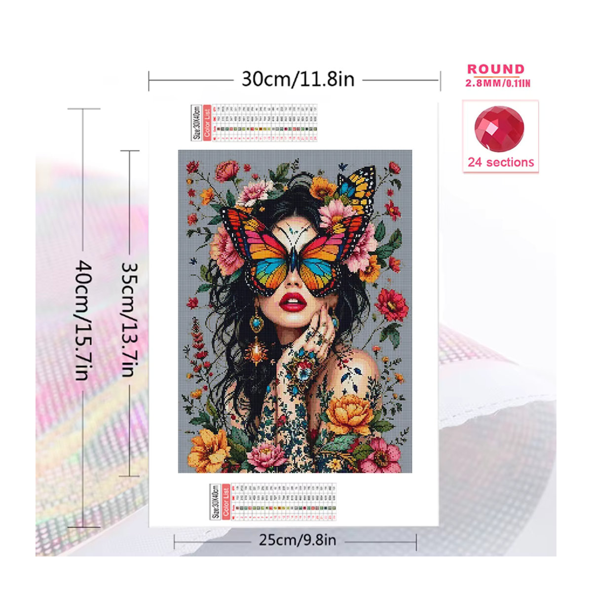 Momoart 5D DIY Diamant-Stickerei Frauenporträt mit Schmetterling und Blumen, Mehrfarbiges Mosaik-Set für Erwachsene - Bild 2