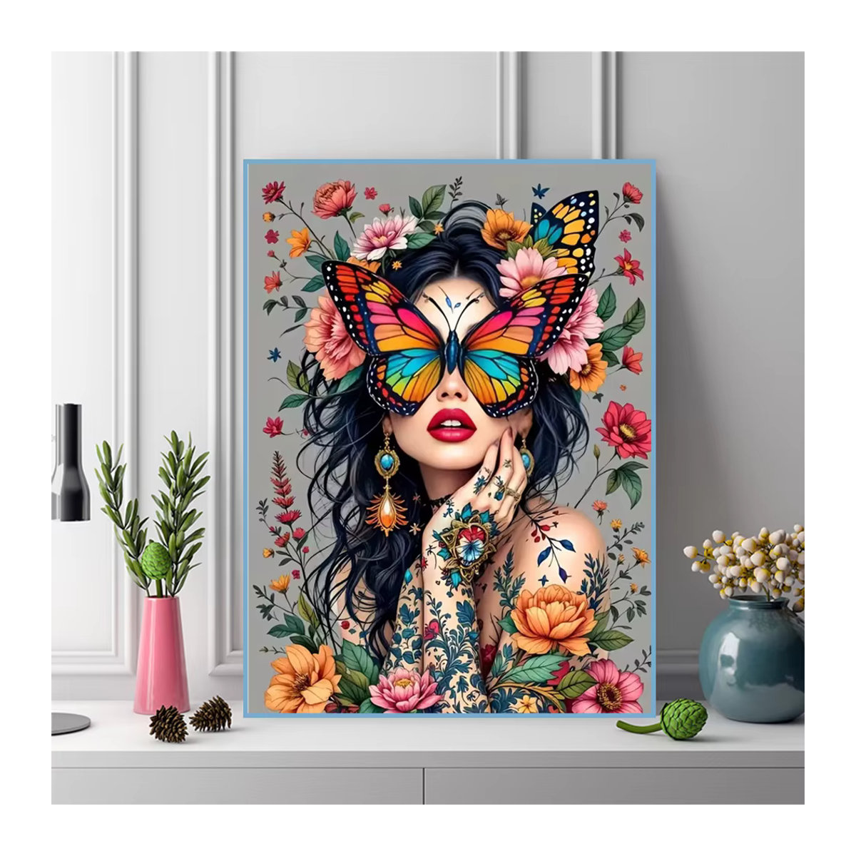 Momoart 5D DIY Diamant-Stickerei Frauenporträt mit Schmetterling und Blumen, Mehrfarbiges Mosaik-Set für Erwachsene - Bild 3