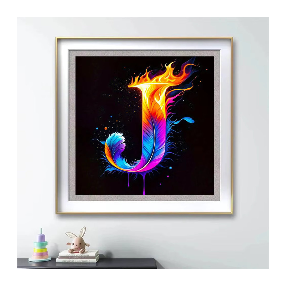 Momoart Alphabet Diamant Mosaik Bild mit Buchstaben und Feder Feuer Design, mehrfarbig, Wanddekoration aus Acryl und Holz, 20 x 20 cm - Bild 3