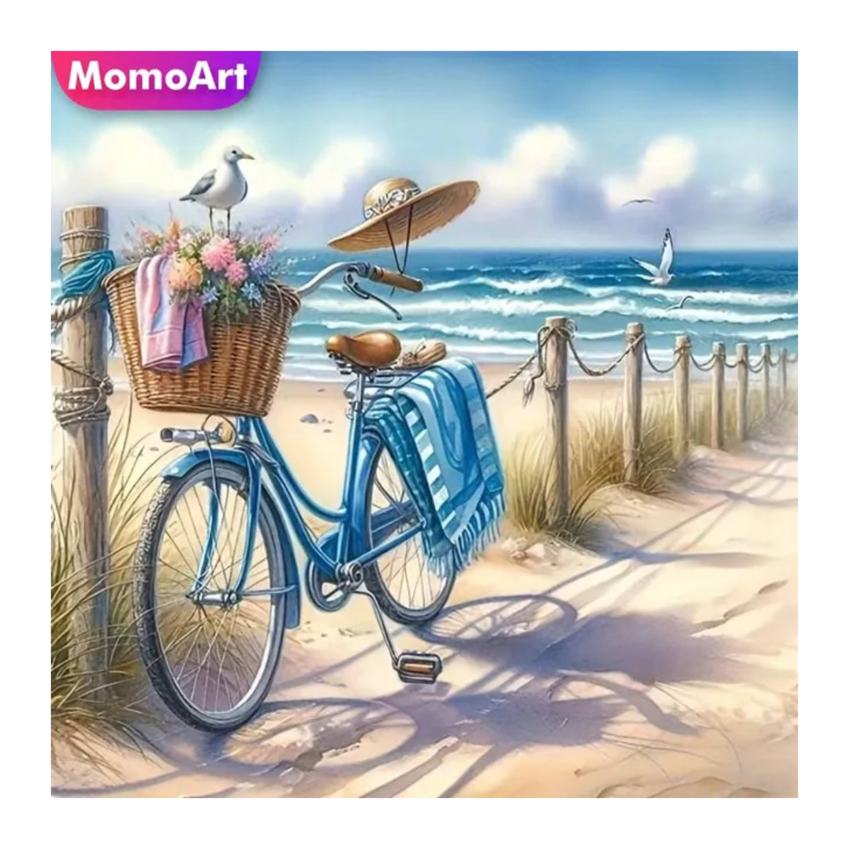 Momoart Diamant-Malerei DIY-Set Seelandschaft mit Fahrrad als rundes Mosaik-Kunstset in Mehrfarbig - Bild 1