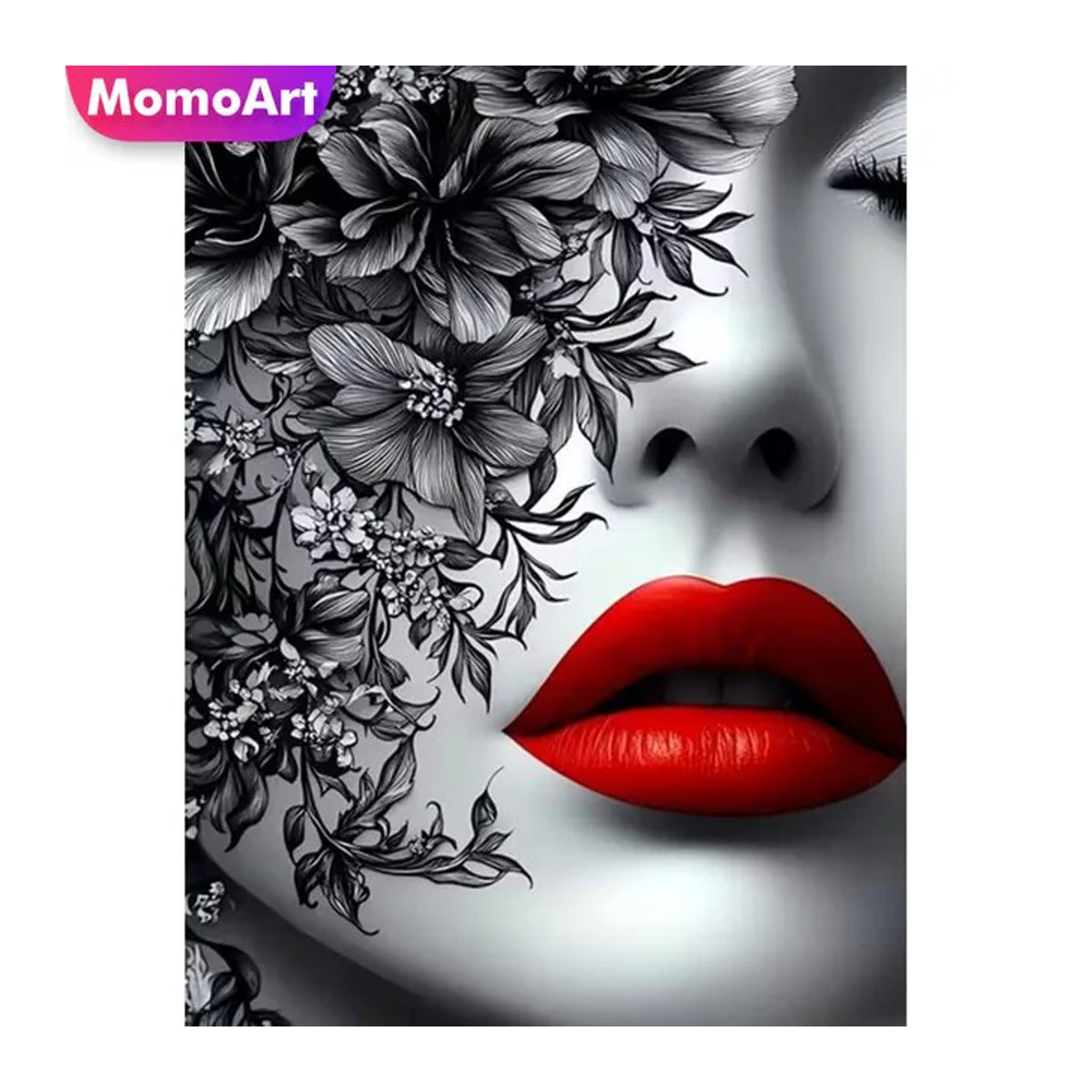 Momoart Diamant-Mosaik DIY Diamantmalerei Frauenporträt in Schwarz und Rot mit floralen Elementen für Erwachsene - Bild 1