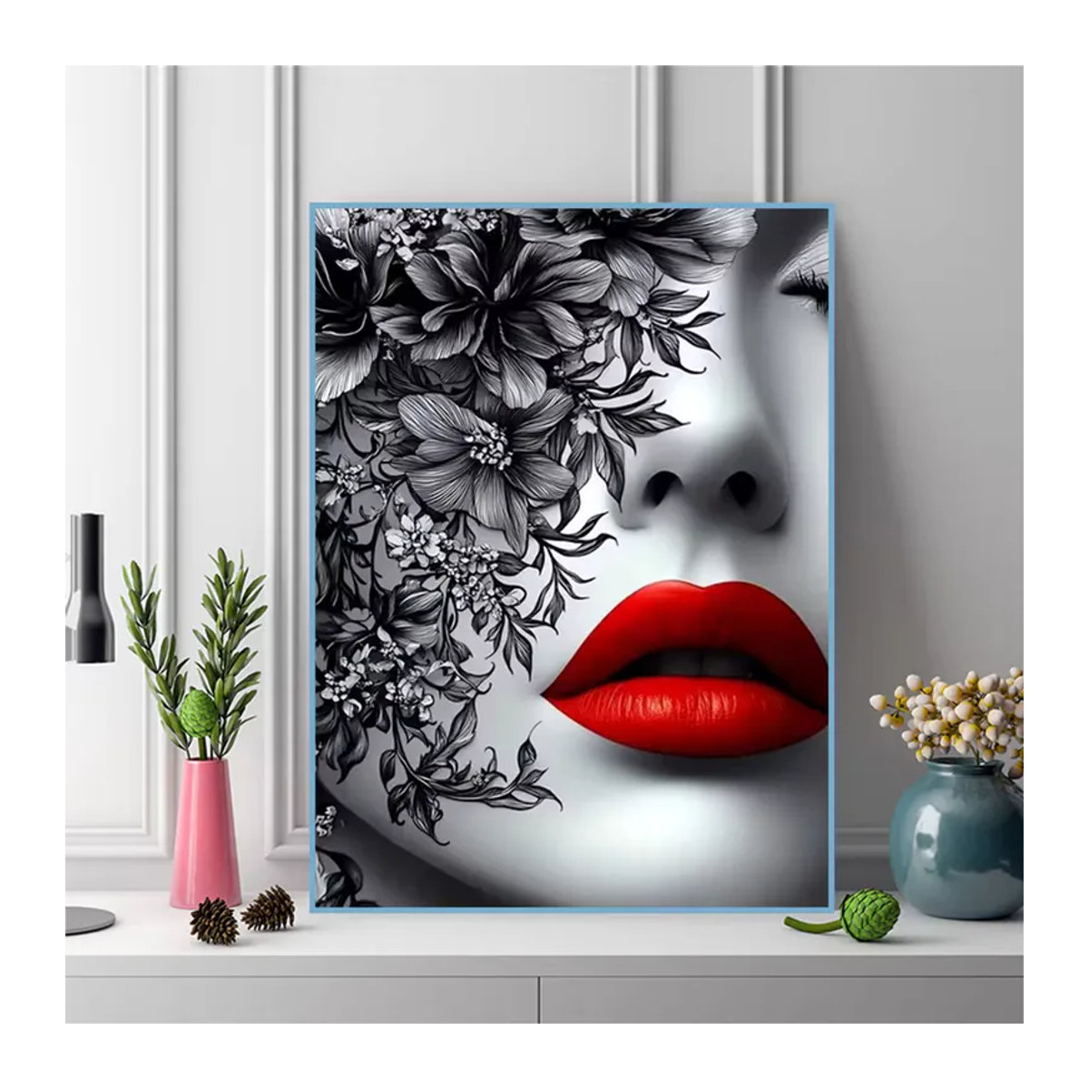 Momoart Diamant-Mosaik DIY Diamantmalerei Frauenporträt in Schwarz und Rot mit floralen Elementen für Erwachsene - Bild 3
