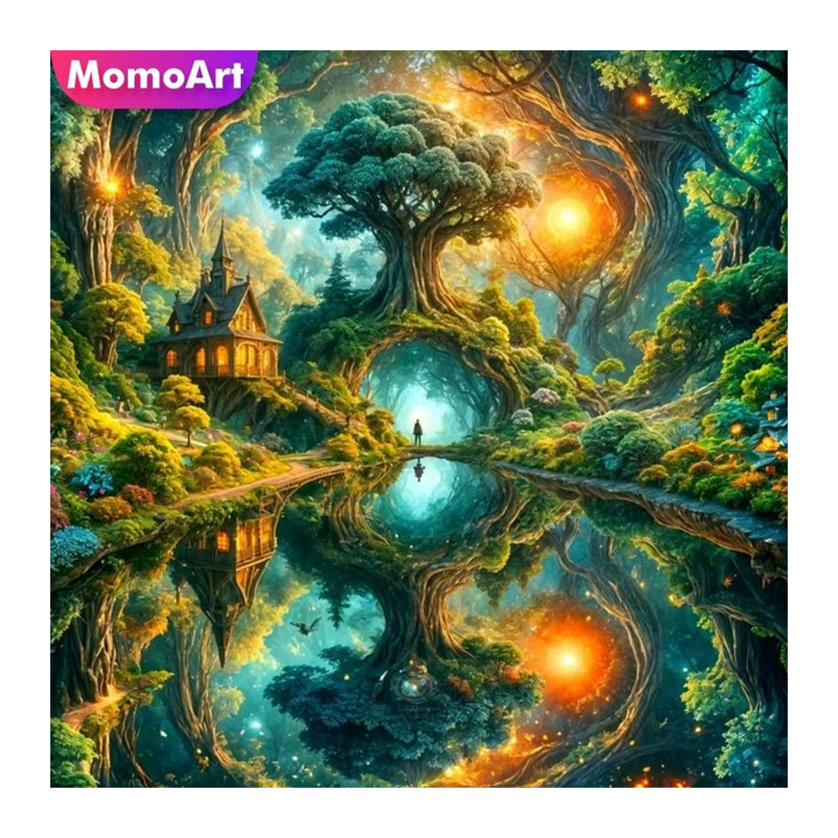 Momoart Diamant-Mosaik DIY Set Abstrakt Baum-Landschaft mit Fluss in Mehrfarbig - Bild 1