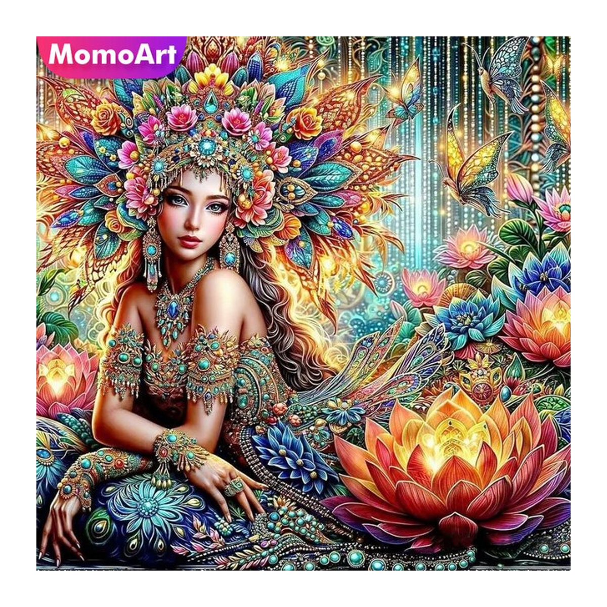 Momoart Diamant Mosaik Set Porträt einer Frau mit floralem Lotus-Motiv in Mehrfarbig, Handgemachtes Hobby-Malerei Set für Erwachsene - Bild 1