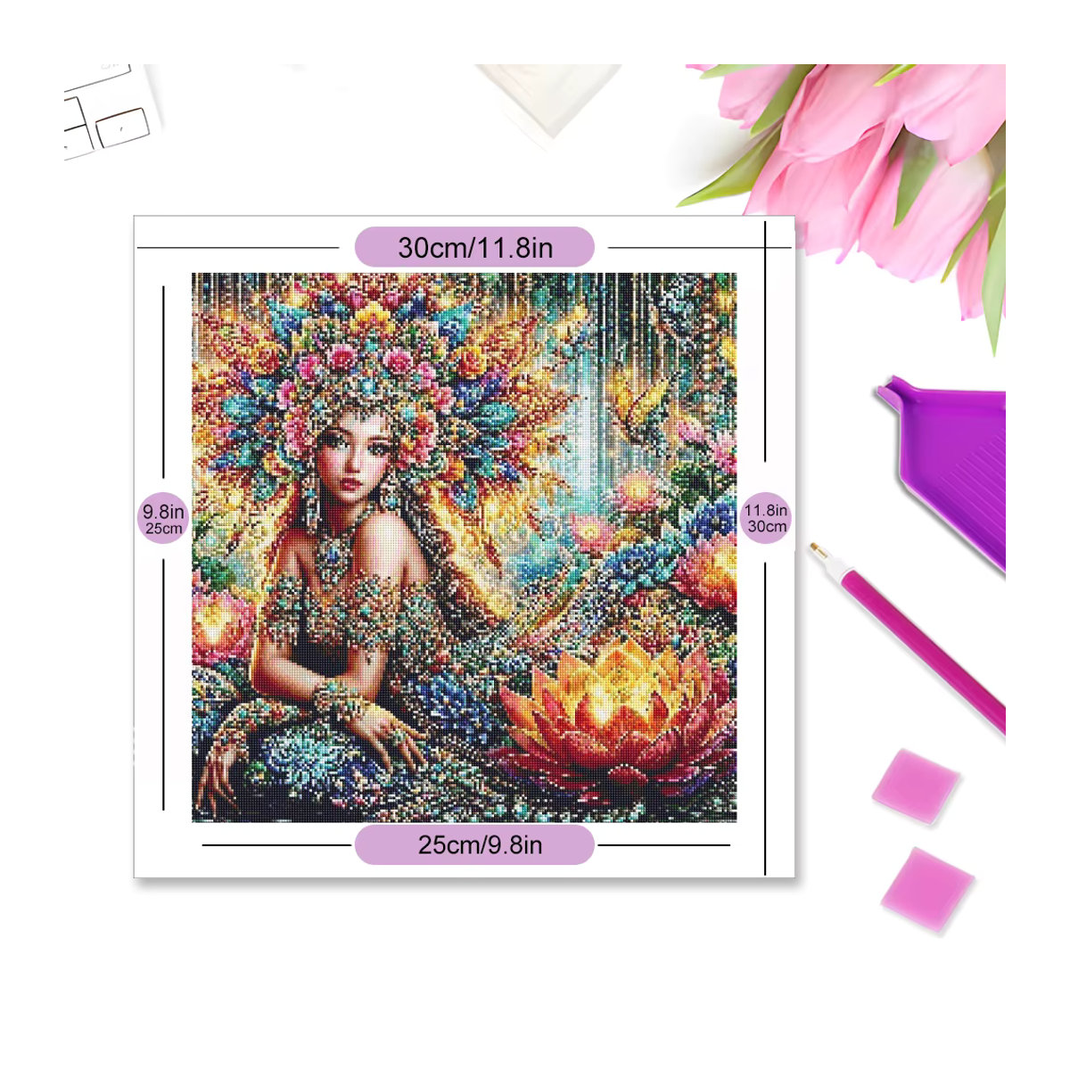 Momoart Diamant Mosaik Set Porträt einer Frau mit floralem Lotus-Motiv in Mehrfarbig, Handgemachtes Hobby-Malerei Set für Erwachsene - Bild 2