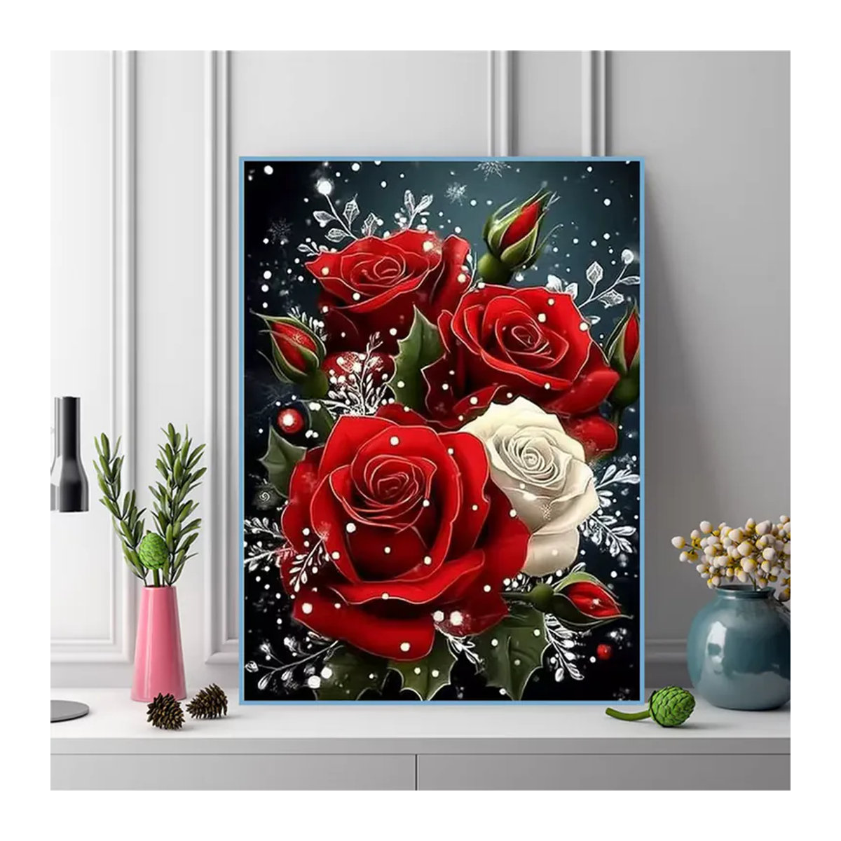 Momoart Diamant-Stickerei Rosenblüten DIY Mosaik-Bastelset mit runden Steinen in Rot für deine Heimdekoration - Bild 3