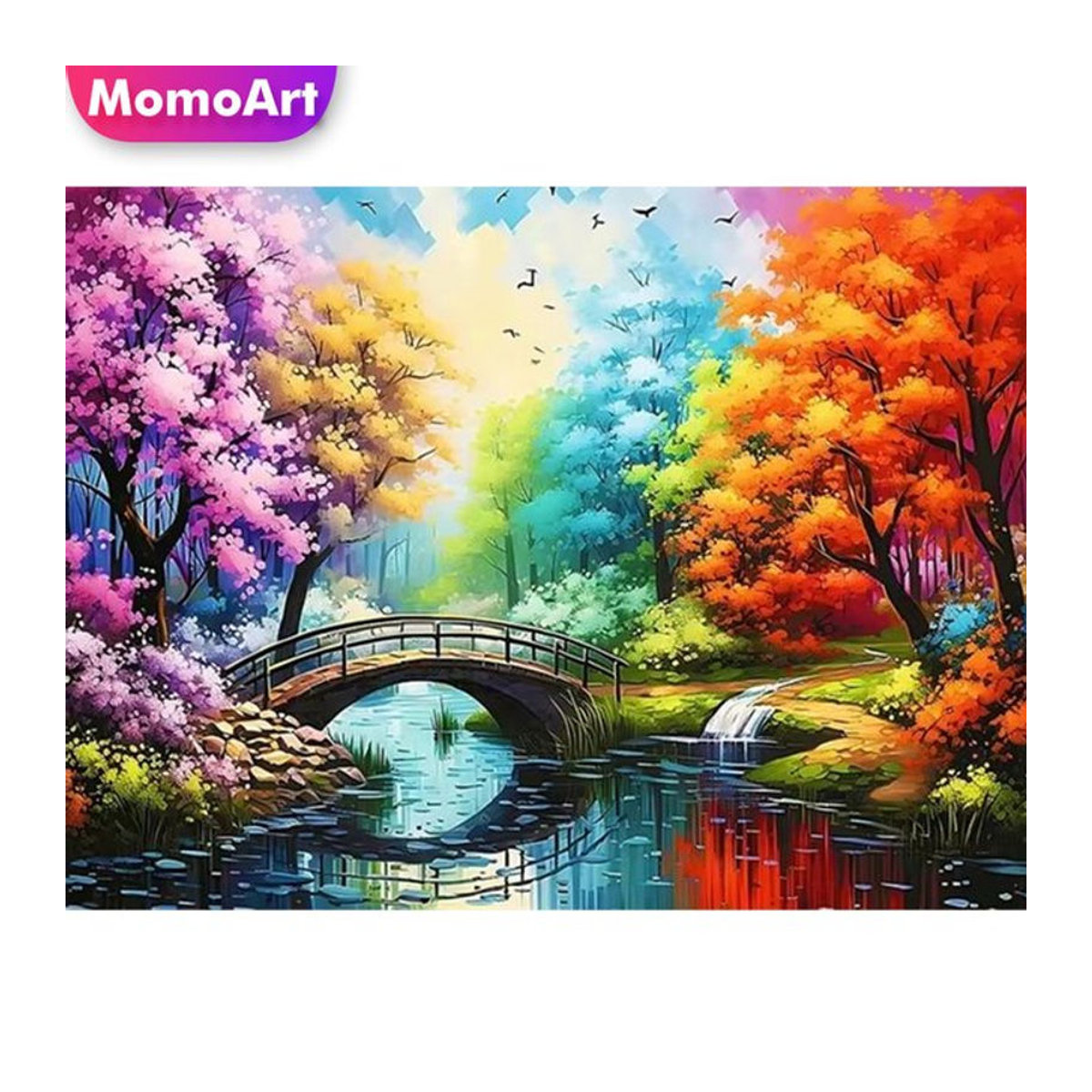 MomoArt Diamant-Stickerei Set Herbstlandschaft mit Baum und Brücke, rund, mehrfarbig - Bild 1