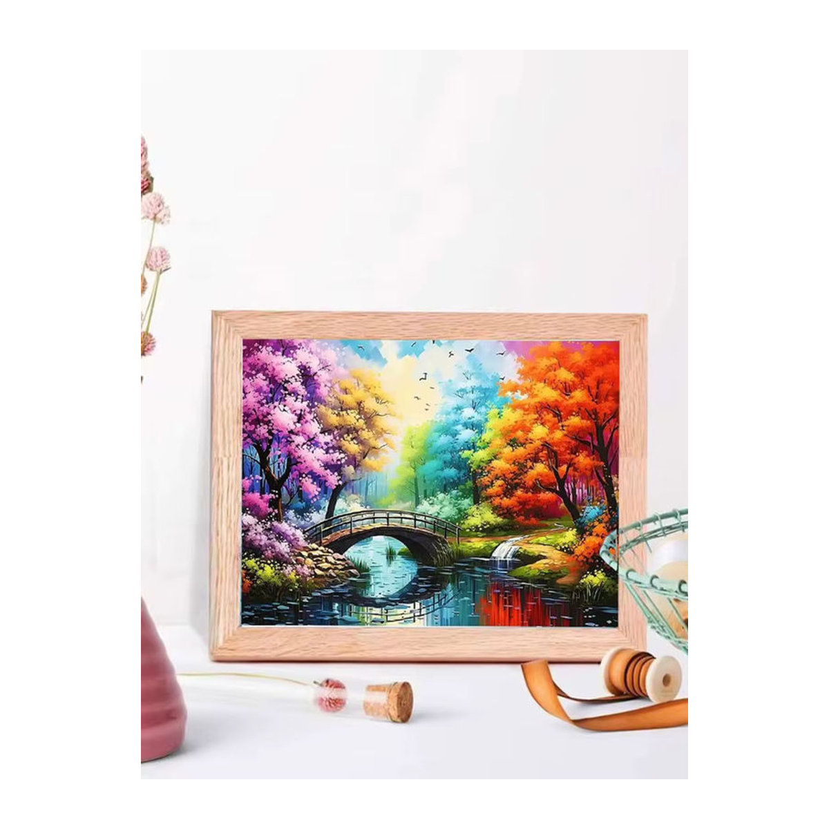 MomoArt Diamant-Stickerei Set Herbstlandschaft mit Baum und Brücke, rund, mehrfarbig - Bild 3