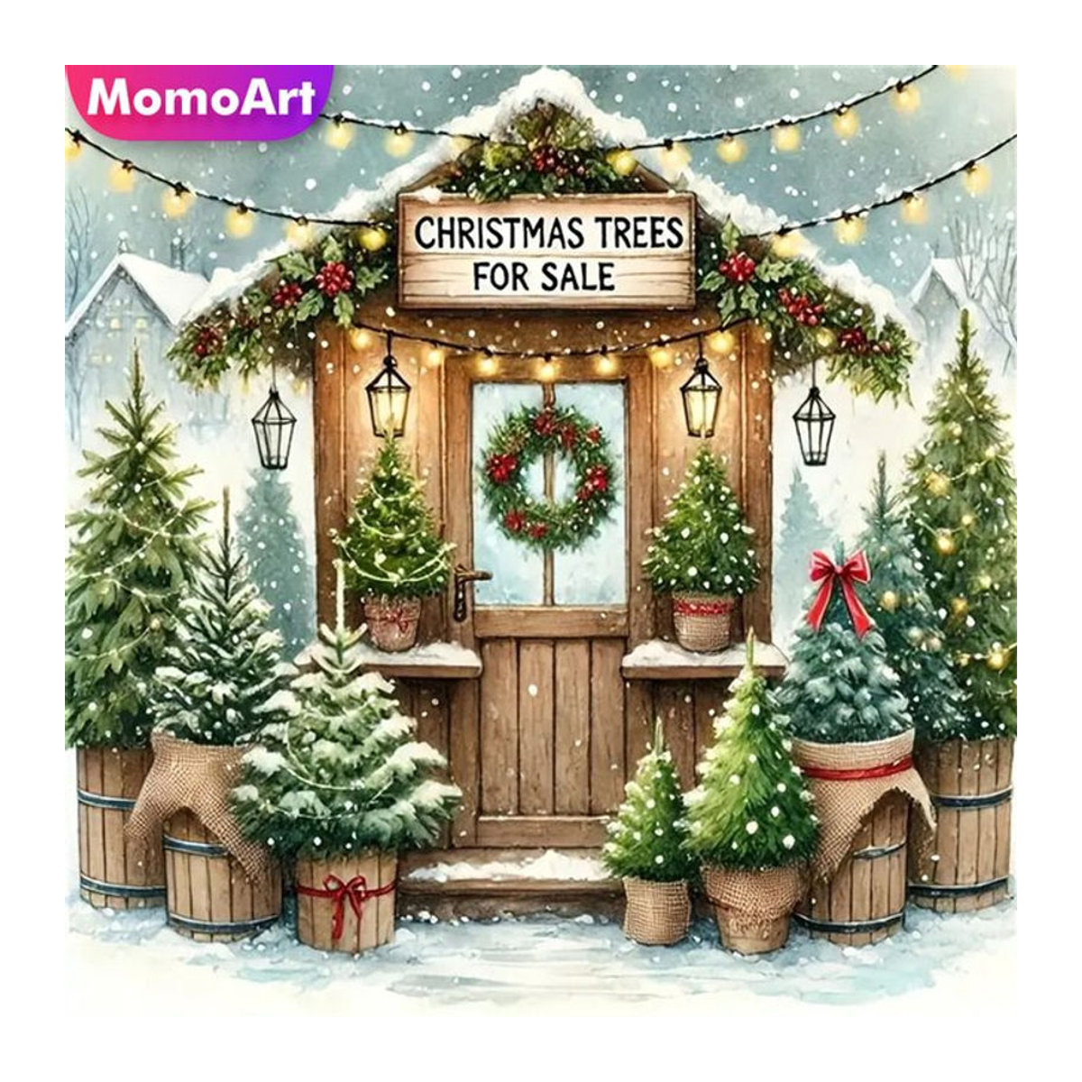 Momoart Diamantmalerei DIY Winterlandschaft mit Weihnachten-Baum und Landhaus als mehrfarbiges Mosaik-Bild zur Wanddekoration - Bild 1