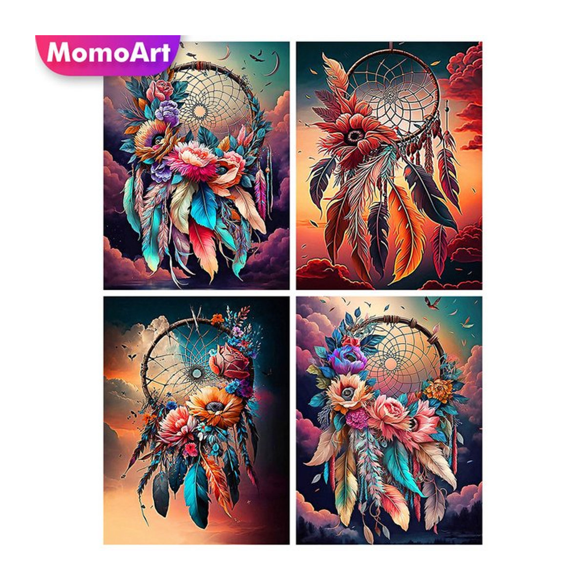 Momoart Diamantmalerei Dreamcatcher DIY Set mit floralem Motiv und Federn in Mehrfarbig für die Wandmontage - Bild 1
