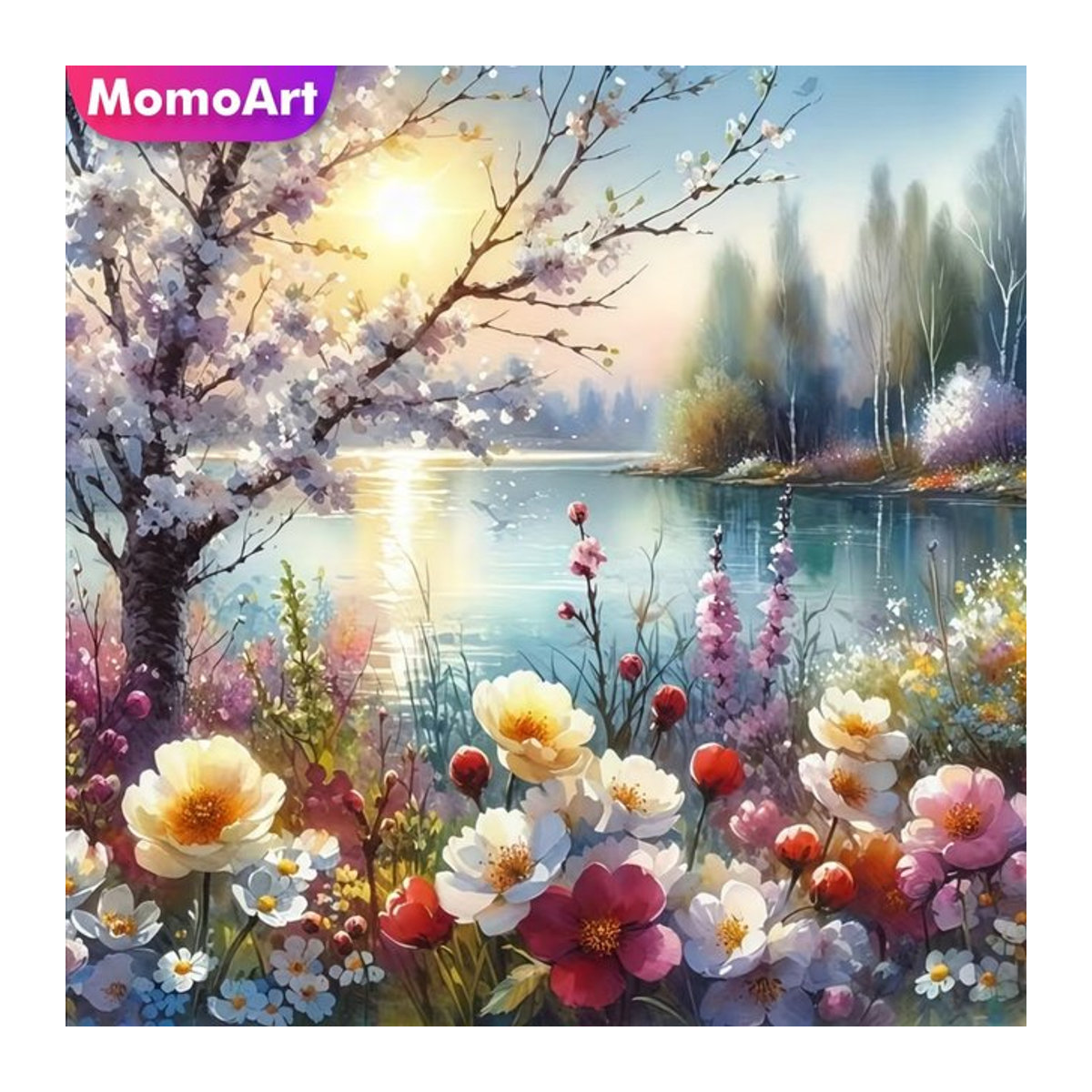 Momoart Diamantmalerei Fluss-Sonnenuntergang Landschaft DIY Mosaik-Set für Erwachsene und Anfänger in Mehrfarbig - Bild 1
