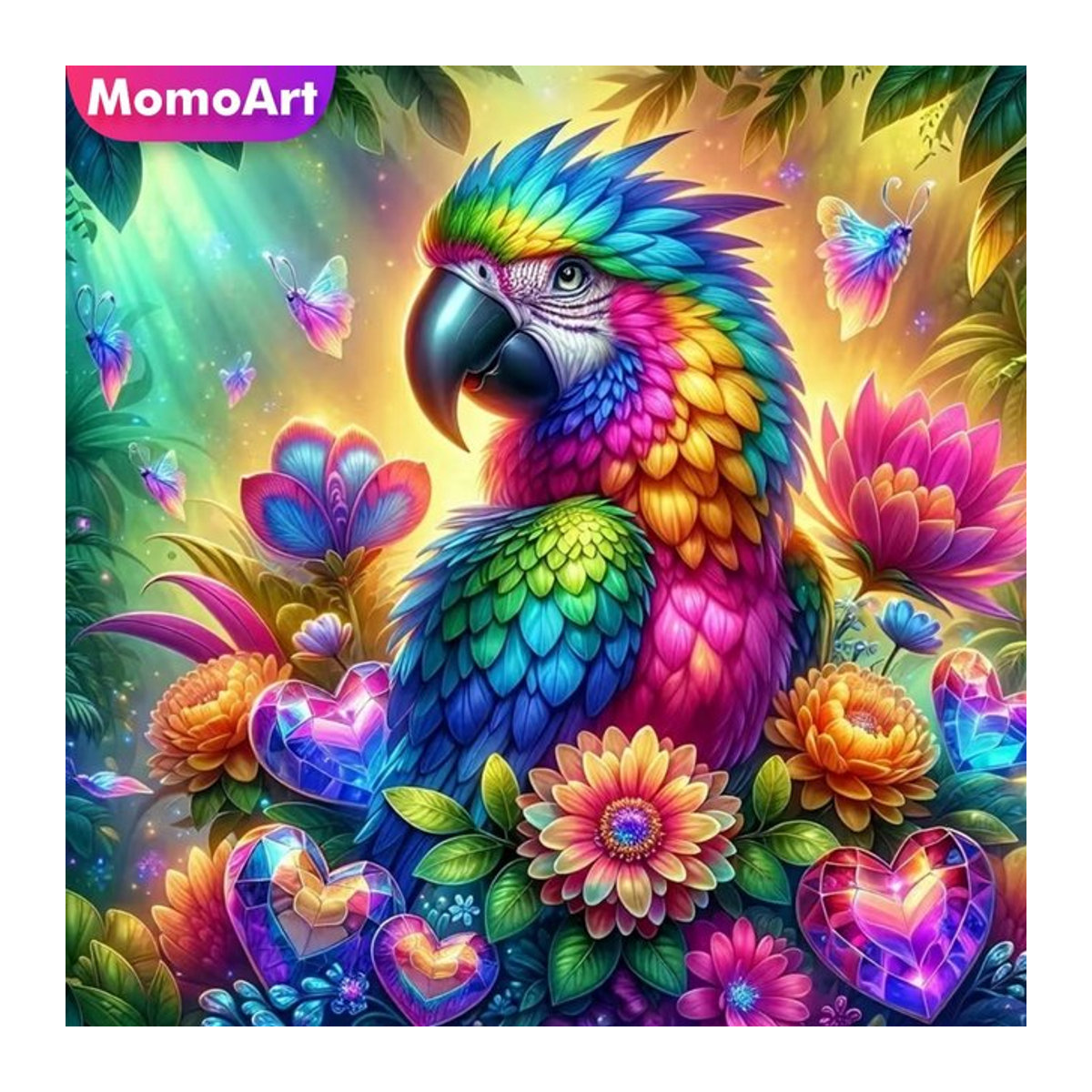 Momoart Diamantmalerei Papagei und Blumen als DIY Stickerei mit mehrfarbigem Strass-Mosaik - Bild 1