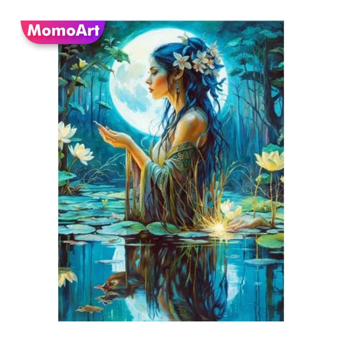 MomoArt Diamantmalerei Porträt mit Lotusblumen und Mond als runde Mosaik-Stickerei in Blau - Bild 1