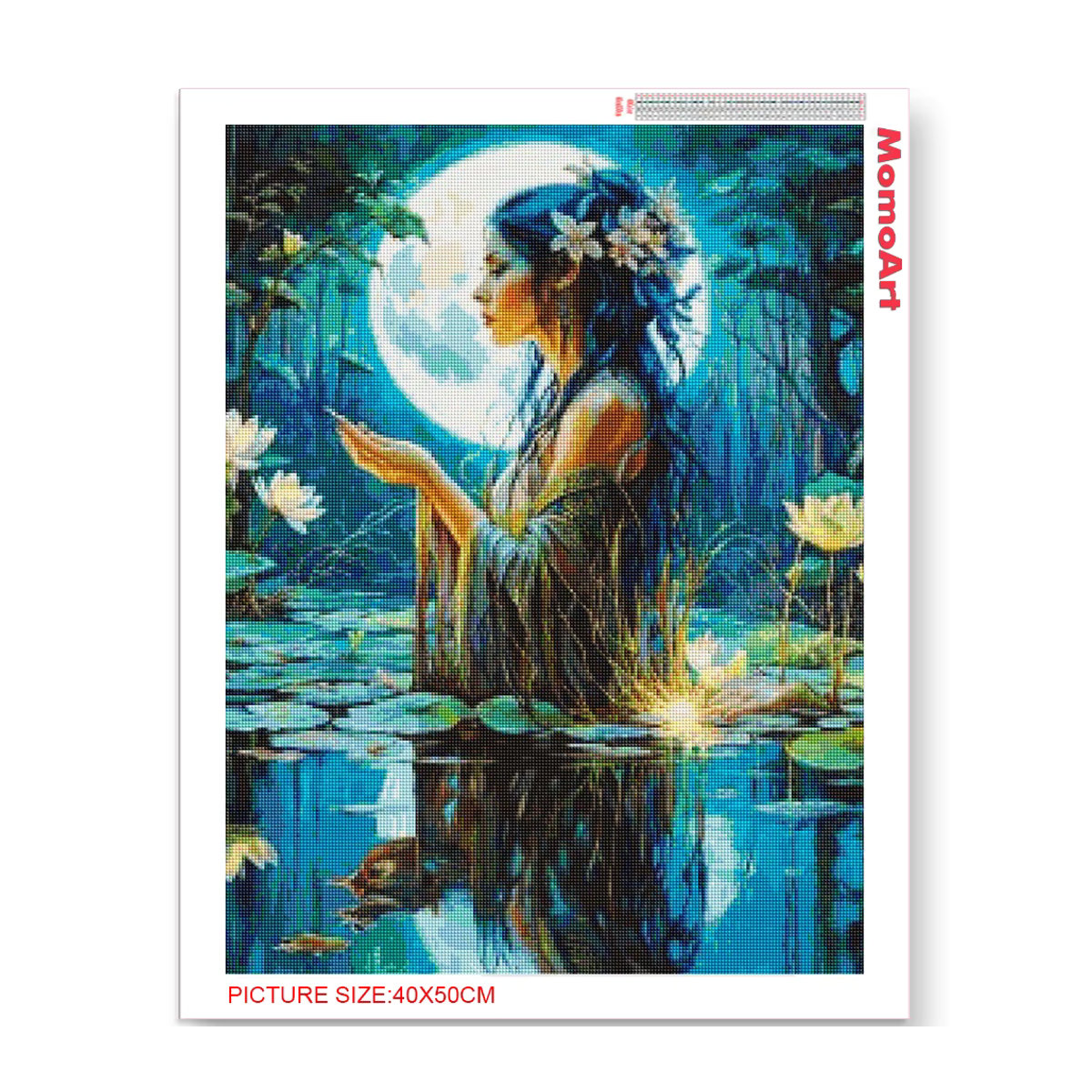 MomoArt Diamantmalerei Porträt mit Lotusblumen und Mond als runde Mosaik-Stickerei in Blau - Bild 2