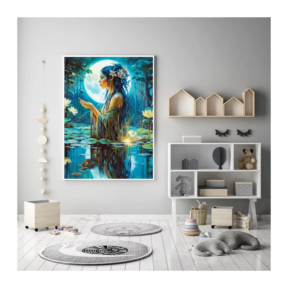 MomoArt Diamantmalerei Porträt mit Lotusblumen und Mond als runde Mosaik-Stickerei in Blau - Bild 3